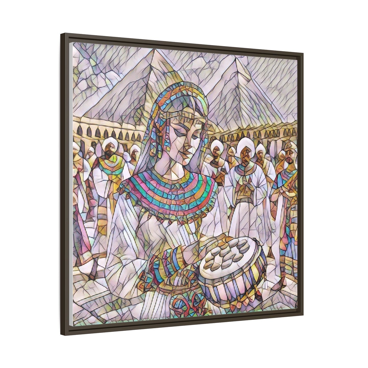 Egyptian Drum Player Framed Canvas Art — Colorful Ancient Scene Wall Decor