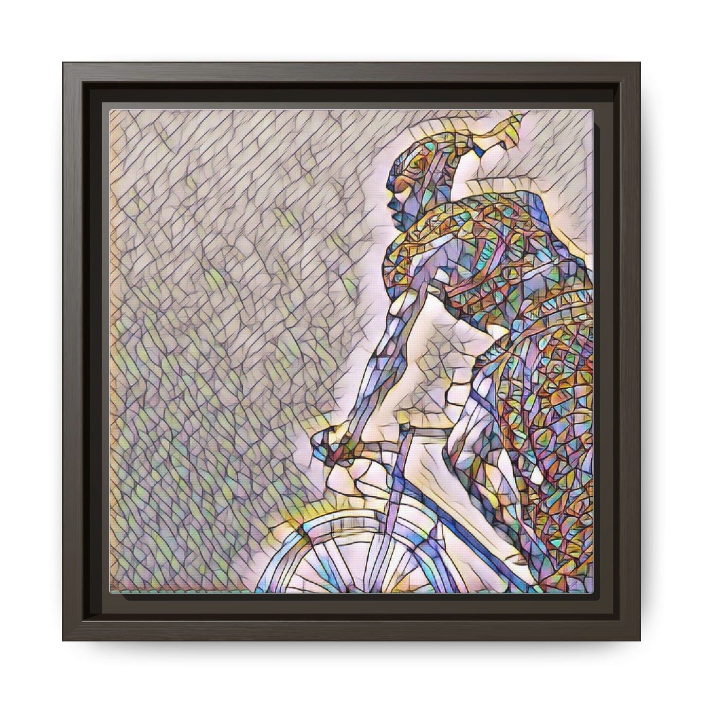 Cyclist Mosaic Matte Canvas Print — Framed Multicolor Bike Art