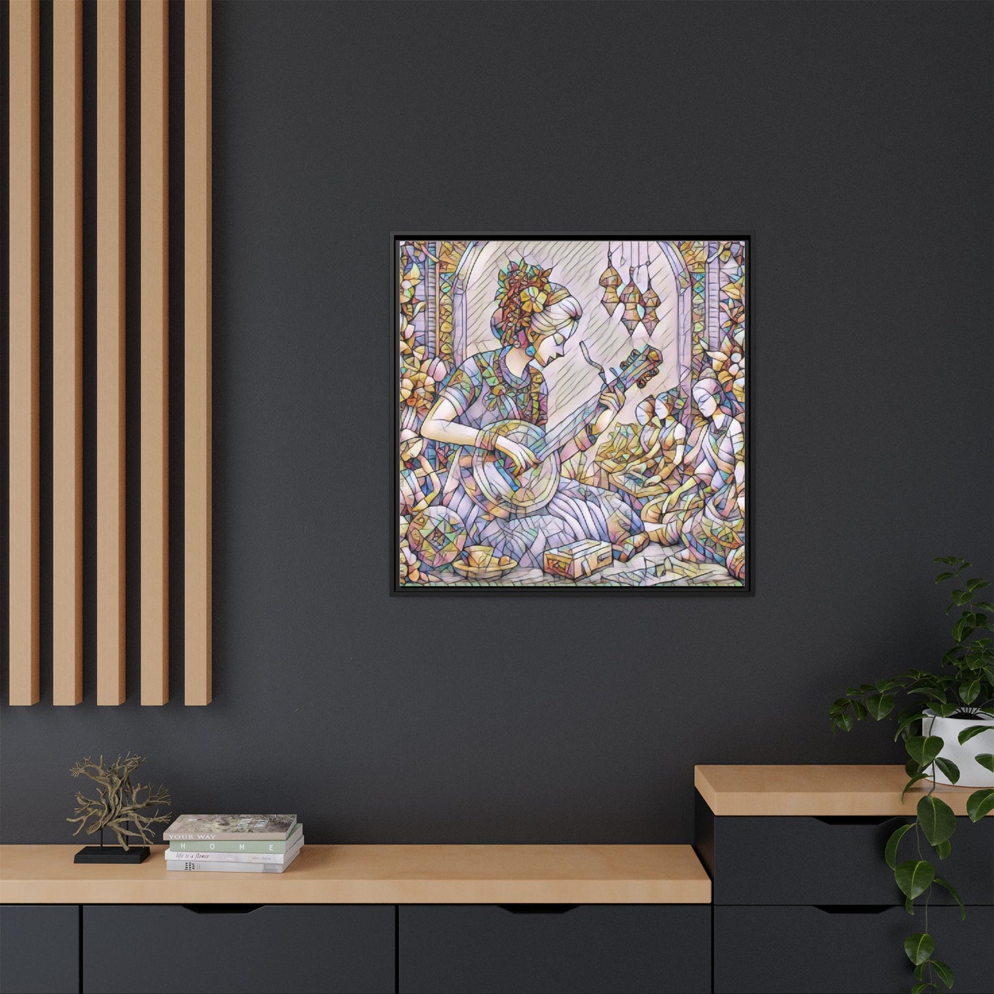 Framed Matte Canvas: Bohemian Woman Playing Lute — Stained-Glass Style Wall Art