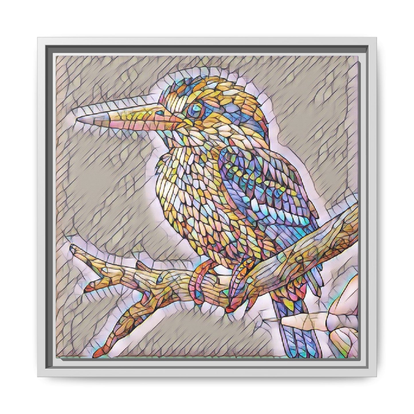 Colorful Kingfisher Framed Canvas Wall Art — Stained-Glass Style Bird Print