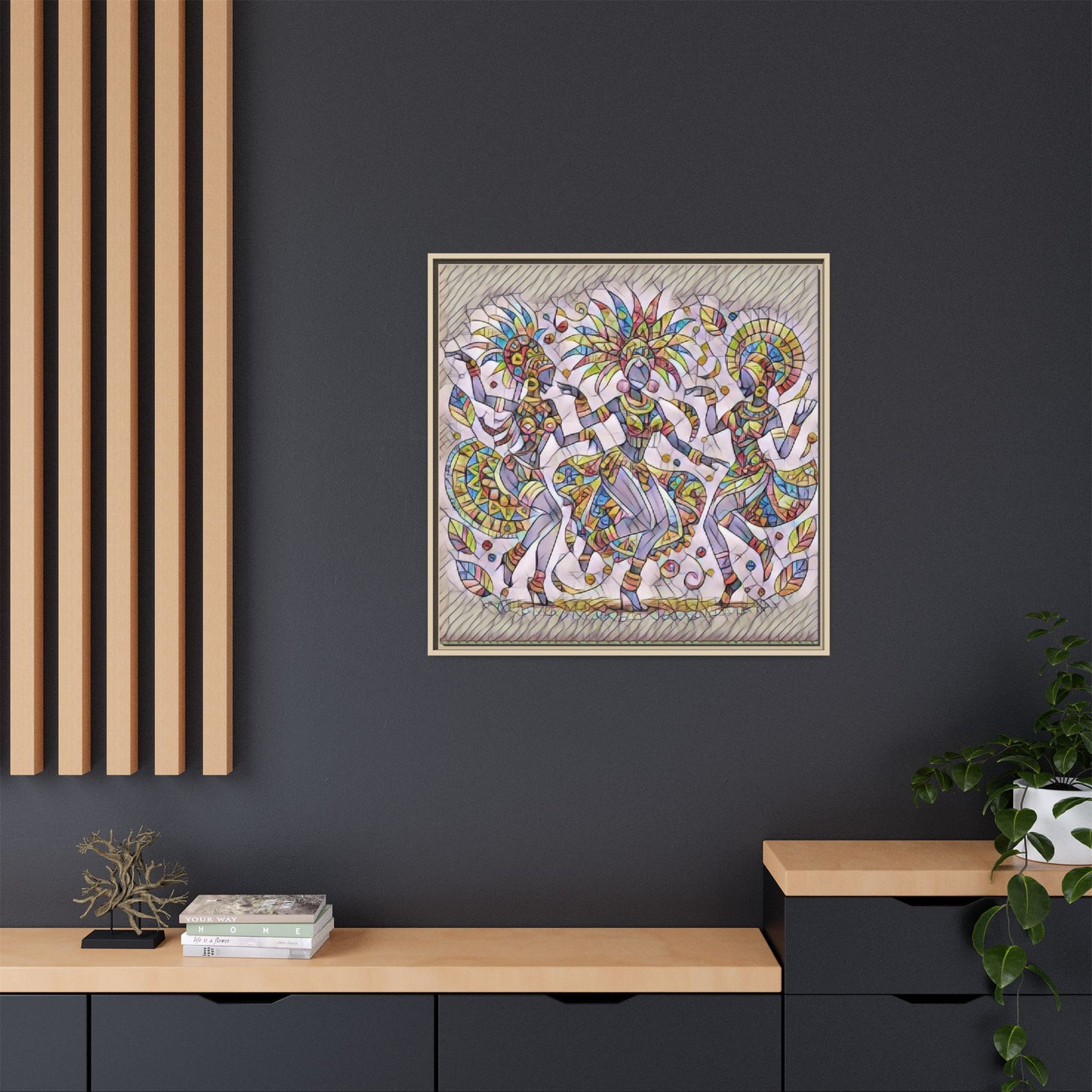 Colorful Carnival Dancers Framed Canvas Art — Multicolor Tribal Celebration Print