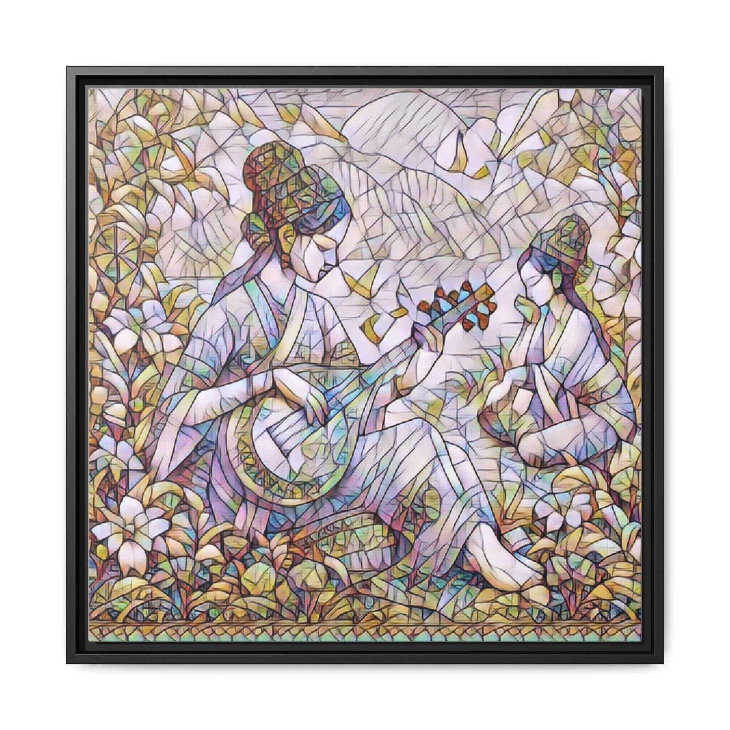 Framed Matte Canvas Art - Vintage Asian Musicians Floral Illustration
