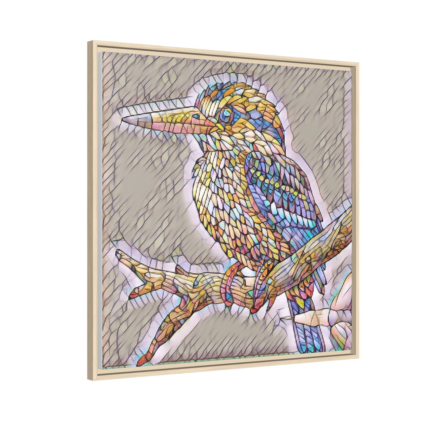 Colorful Kingfisher Framed Canvas Wall Art — Stained-Glass Style Bird Print
