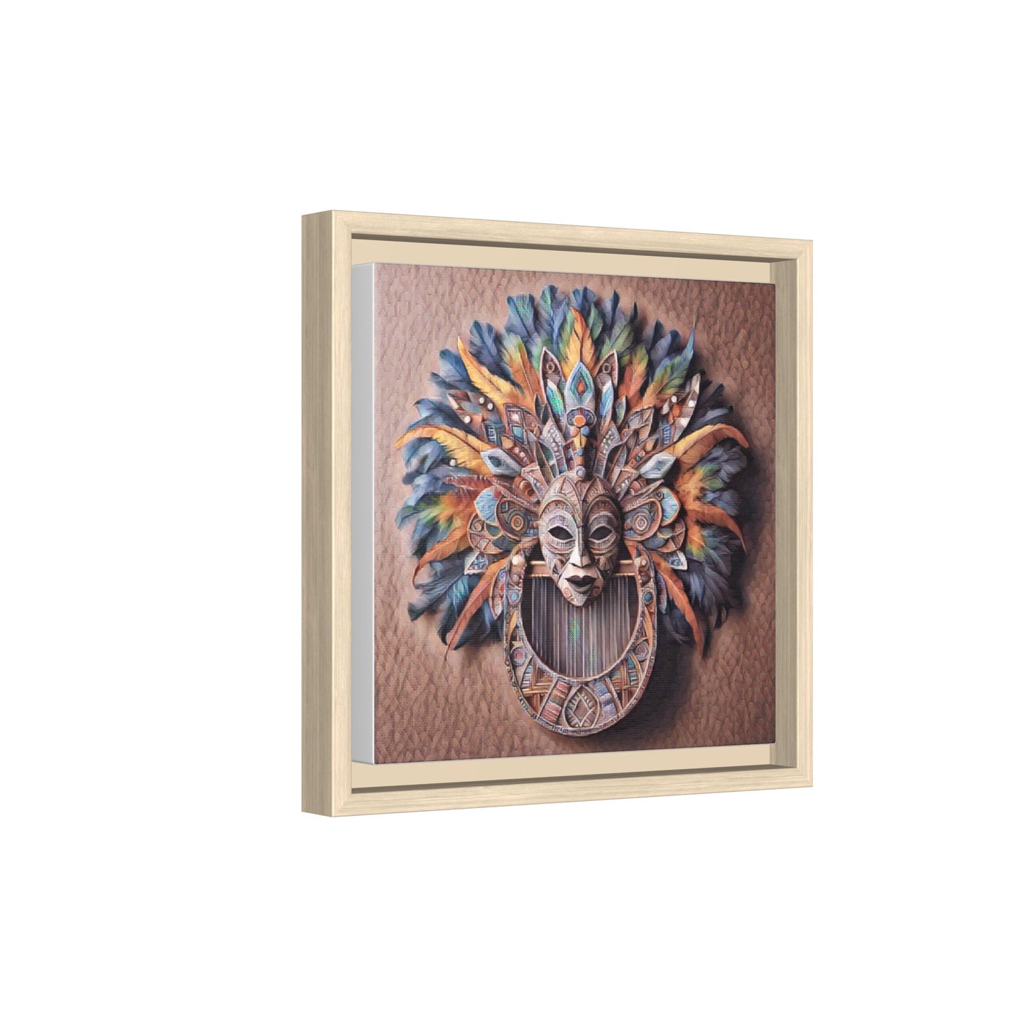 Tribal Feather Mask Framed Canvas Wall Art — Colorful Boho Decorative Print