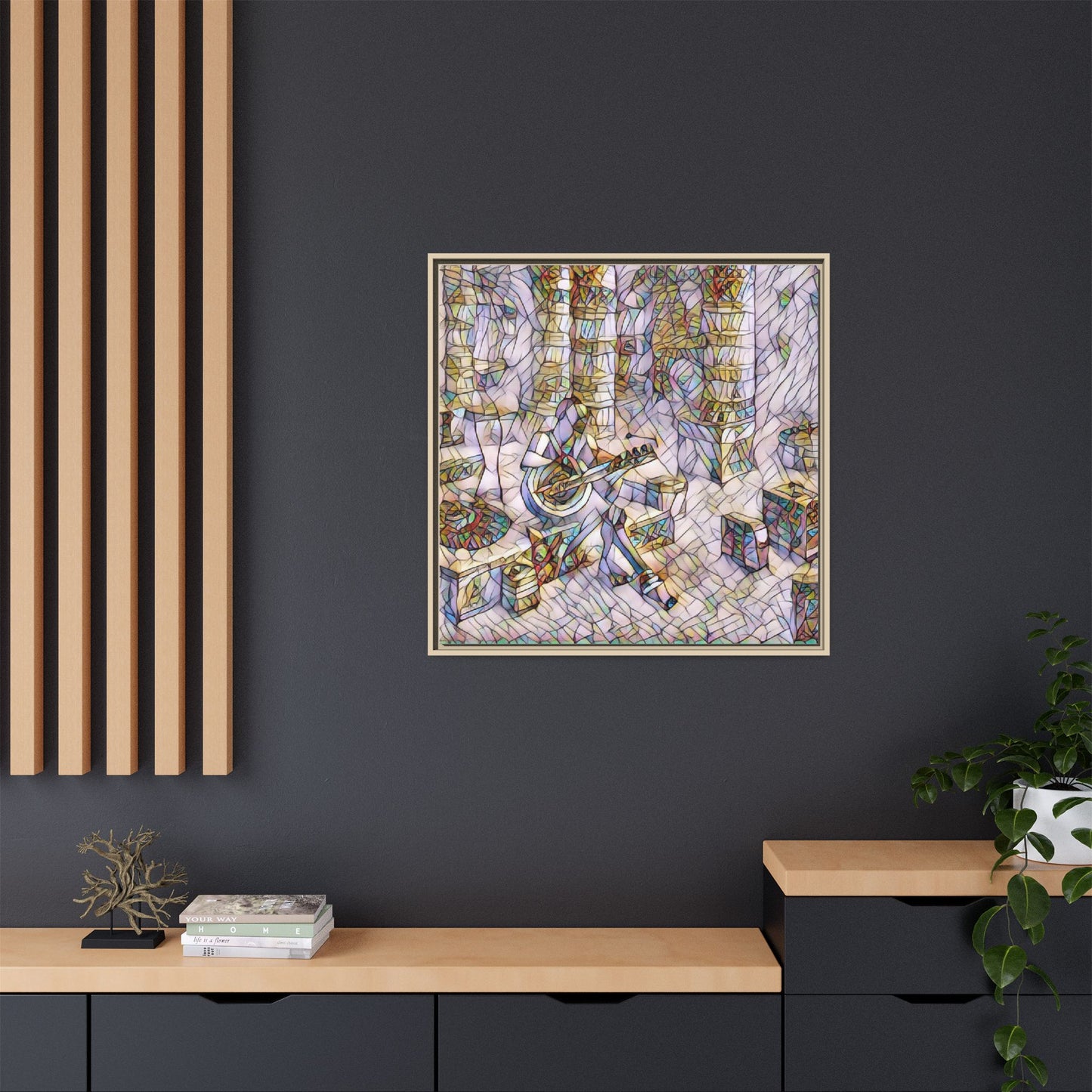 Framed Matte Canvas Art - Abstract Guitarist in Colorful Mosaic