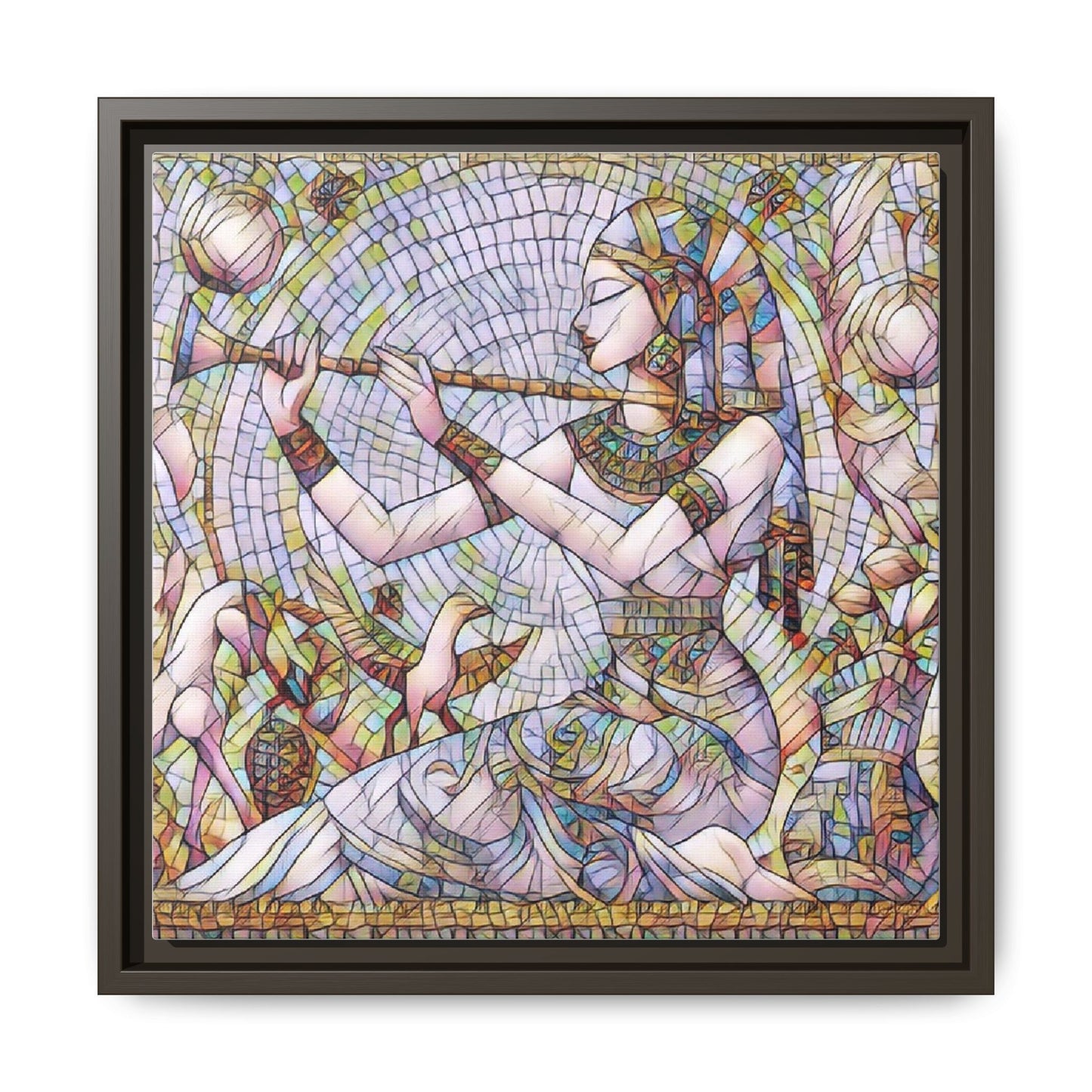 Egyptian Flute Player Framed Canvas Art — Colorful Mosaic Wall Decor