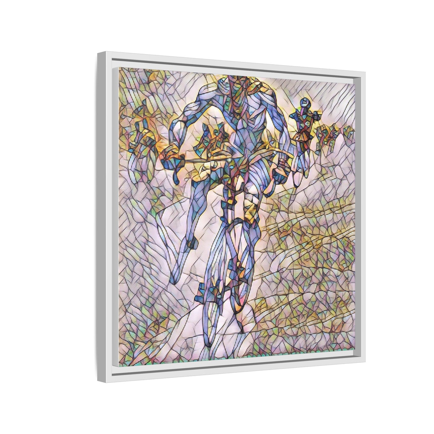 Abstract Cyclist Matte Canvas Framed Art — Colorful Stained-Glass Bike Print
