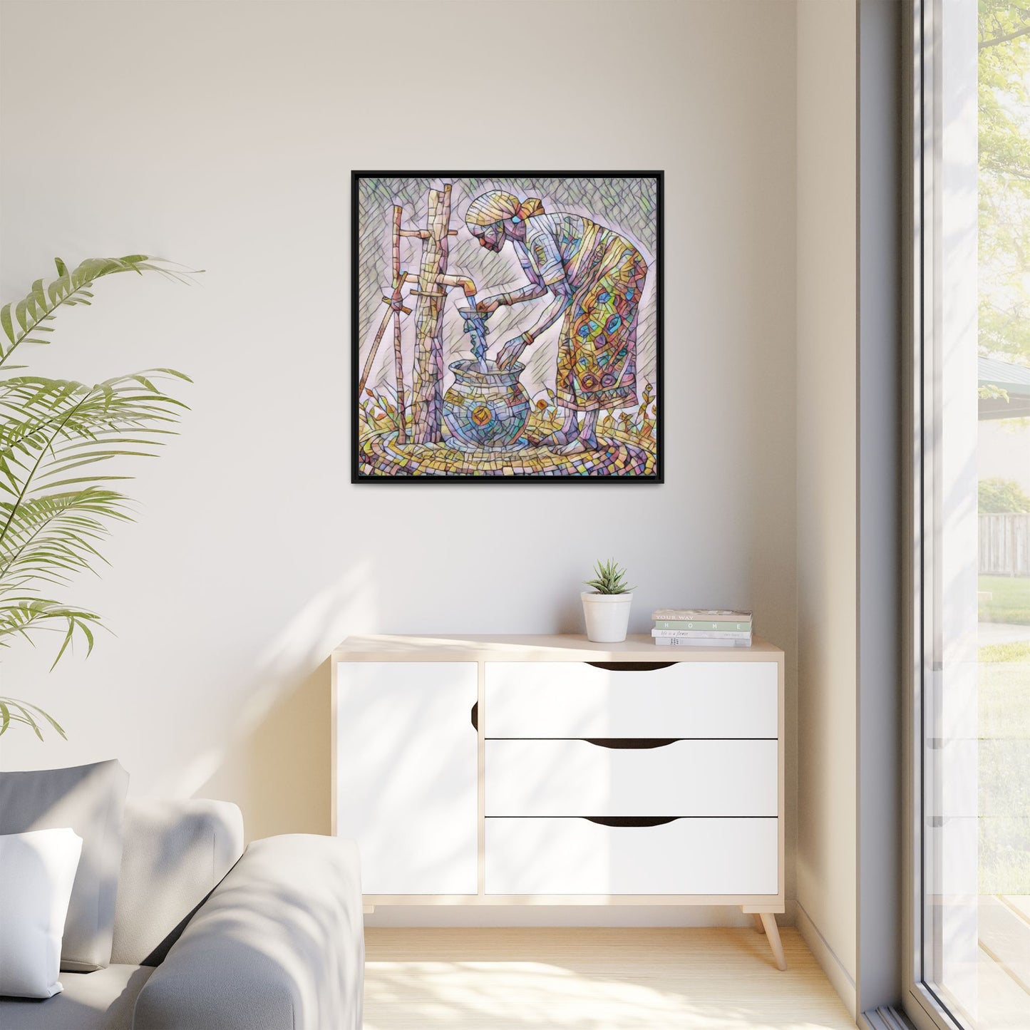 Framed Matte Canvas Art — Colorful Mosaic Woman at Well