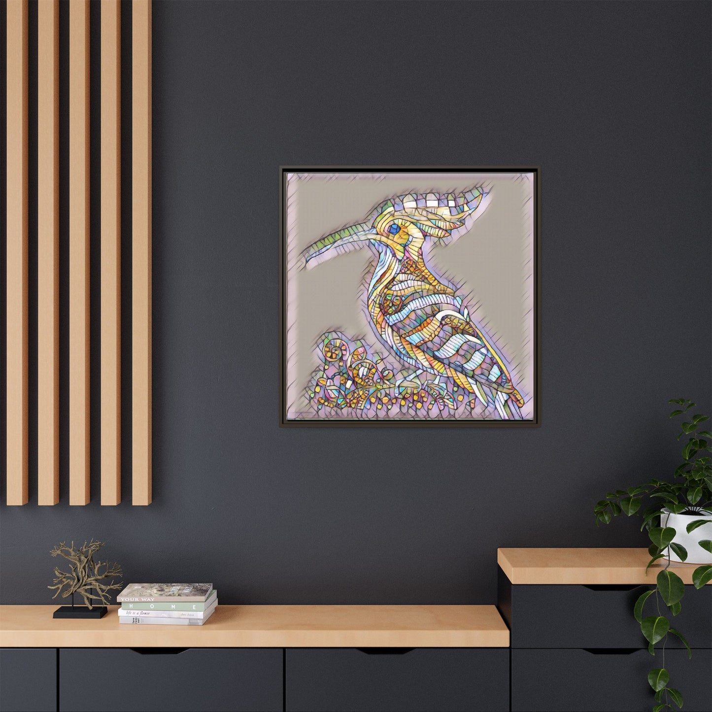 Colorful Mosaic Bird Framed Canvas Art — Whimsical Hoopoe Wall Decor