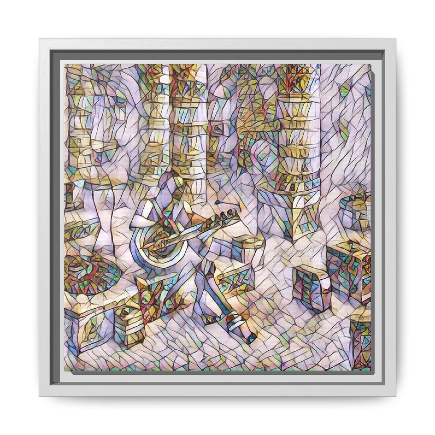 Framed Matte Canvas Art - Abstract Guitarist in Colorful Mosaic