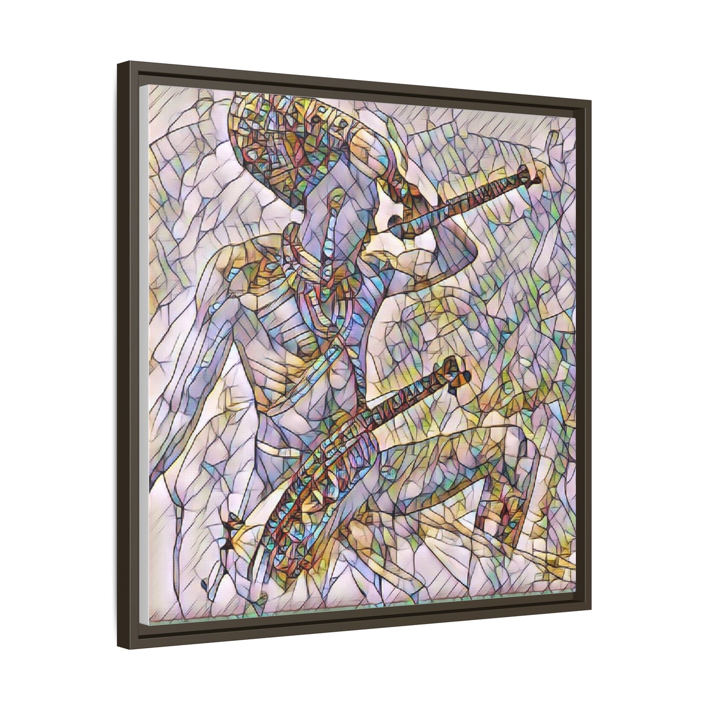 Stained Glass Blue Musician — Framed Matte Canvas Art
