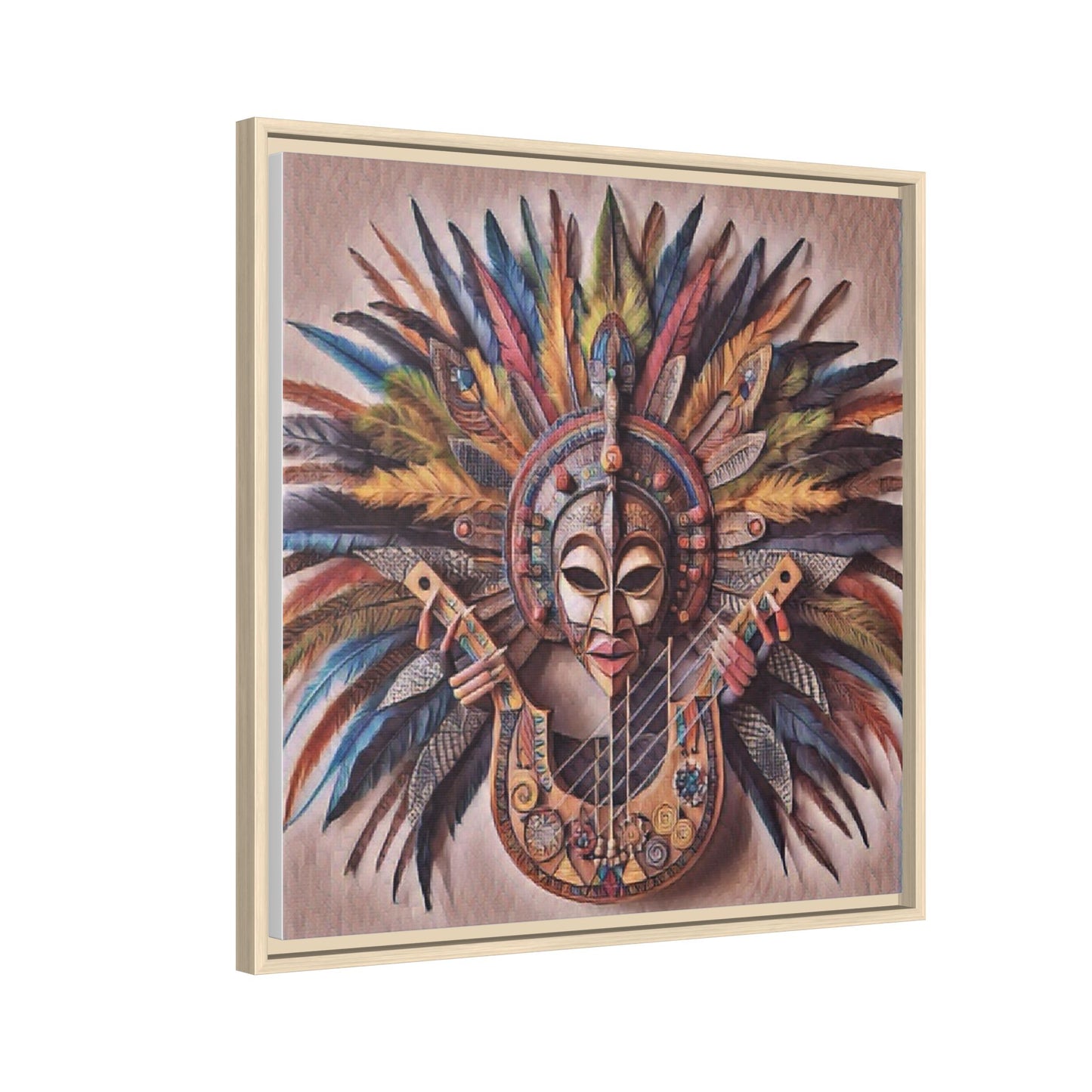 Tribal Feather Mask Guitar Framed Canvas Art — Colorful Boho Wall Decor