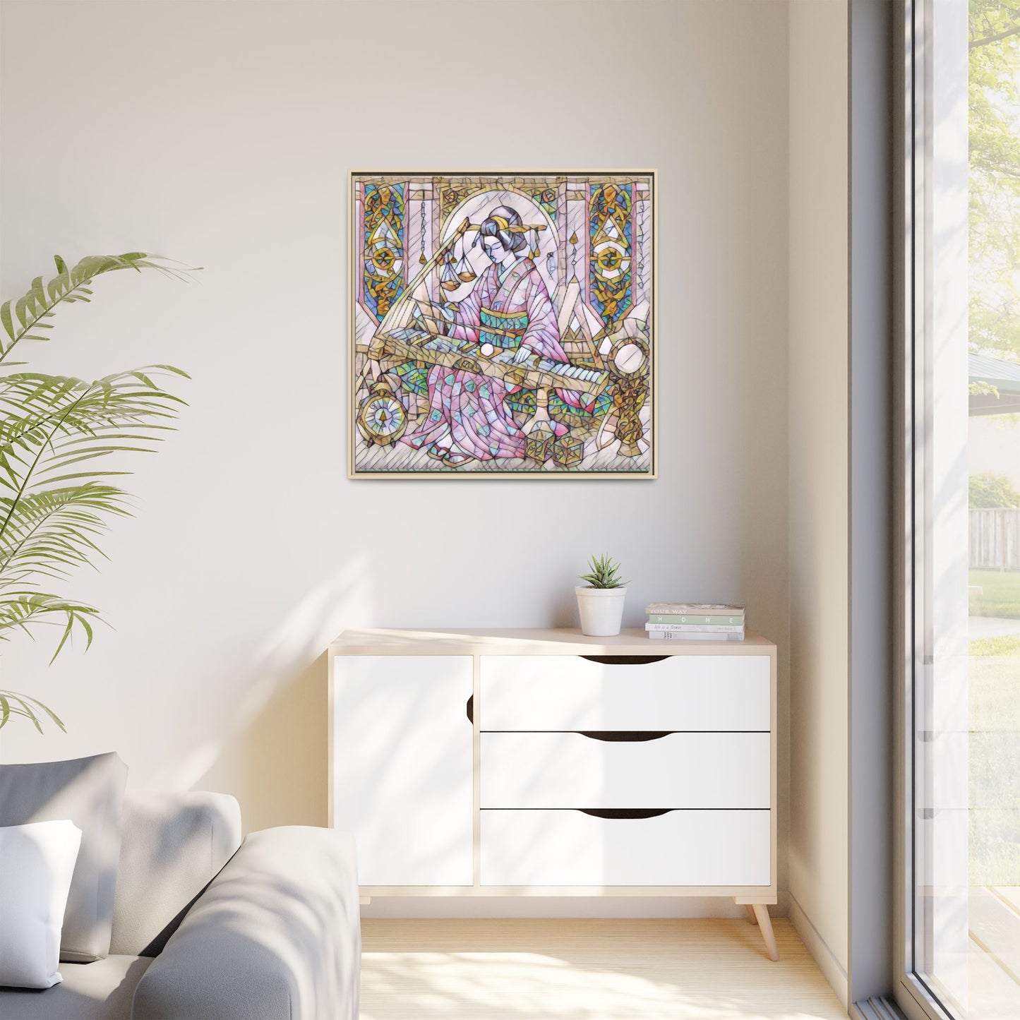 Framed Matte Canvas — Geisha Harp Stained-Glass Art Print