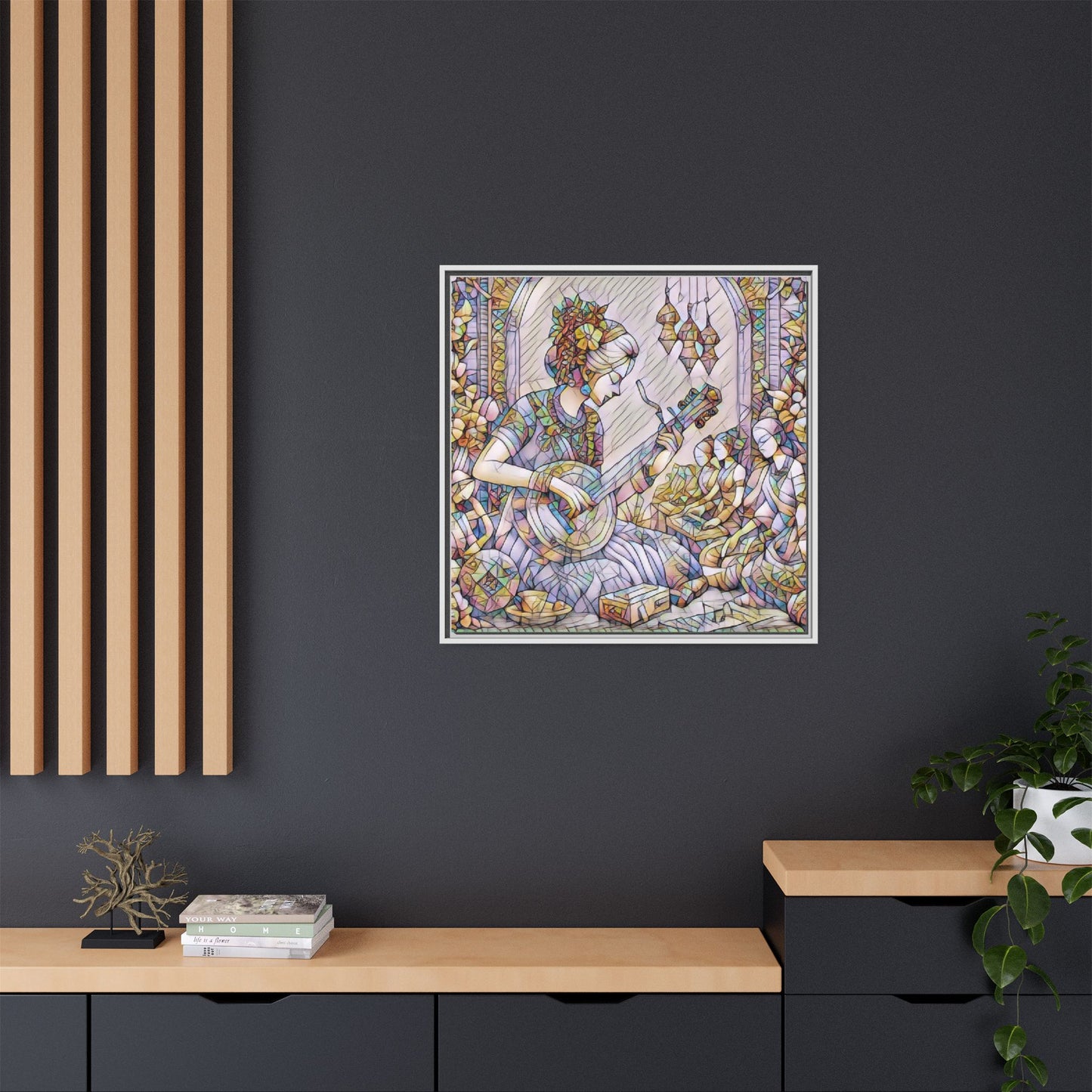 Framed Matte Canvas: Bohemian Woman Playing Lute — Stained-Glass Style Wall Art