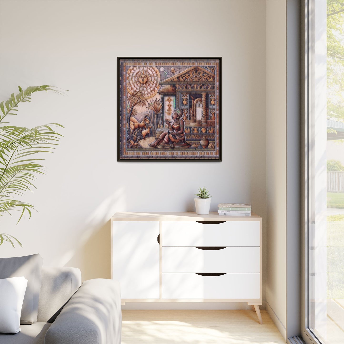 Egyptian Goddess Mosaic Framed Canvas Art — Colorful Ancient Ritual Wall Decor