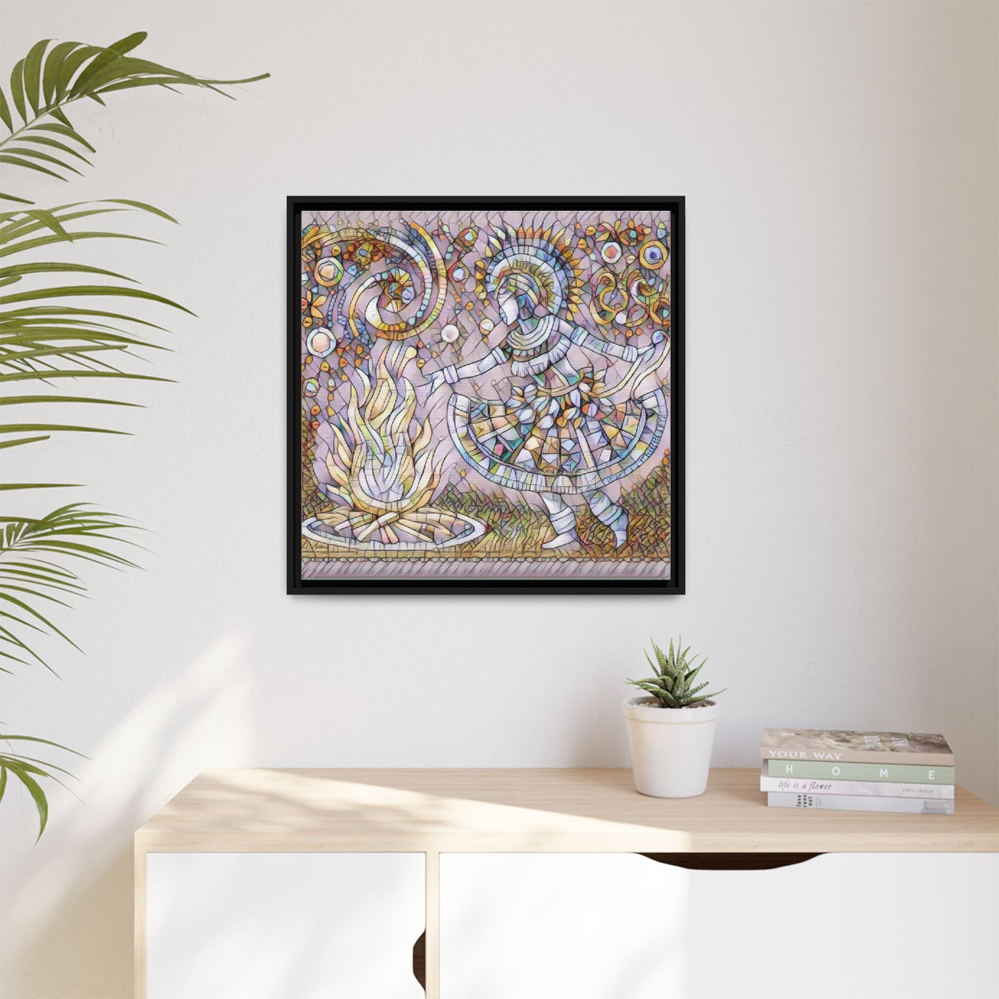 Bohemian Fire Dancer Framed Canvas Art — Colorful Folk Mosaic Wall Decor