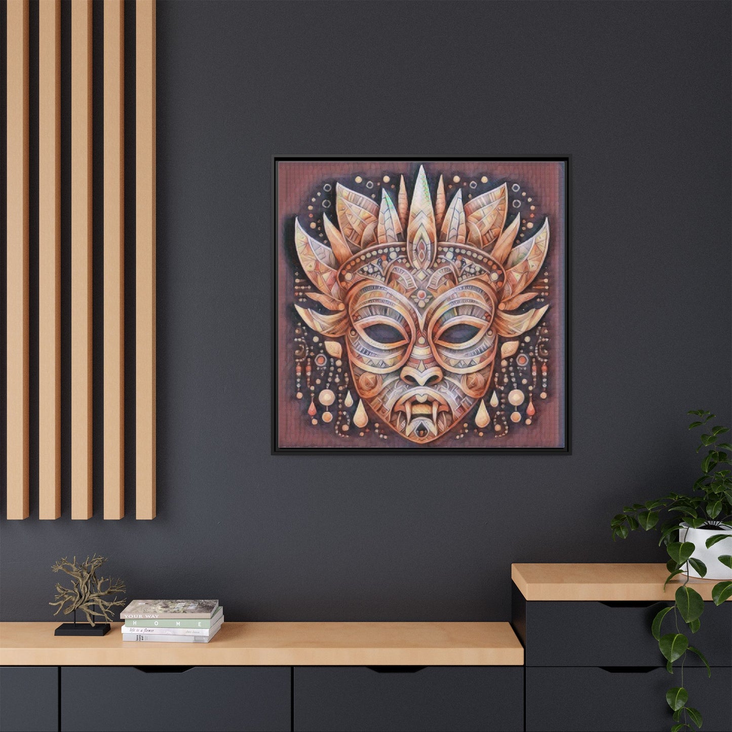 Tribal Sun Mask Framed Canvas Art — Boho Ethnic Wall Decor