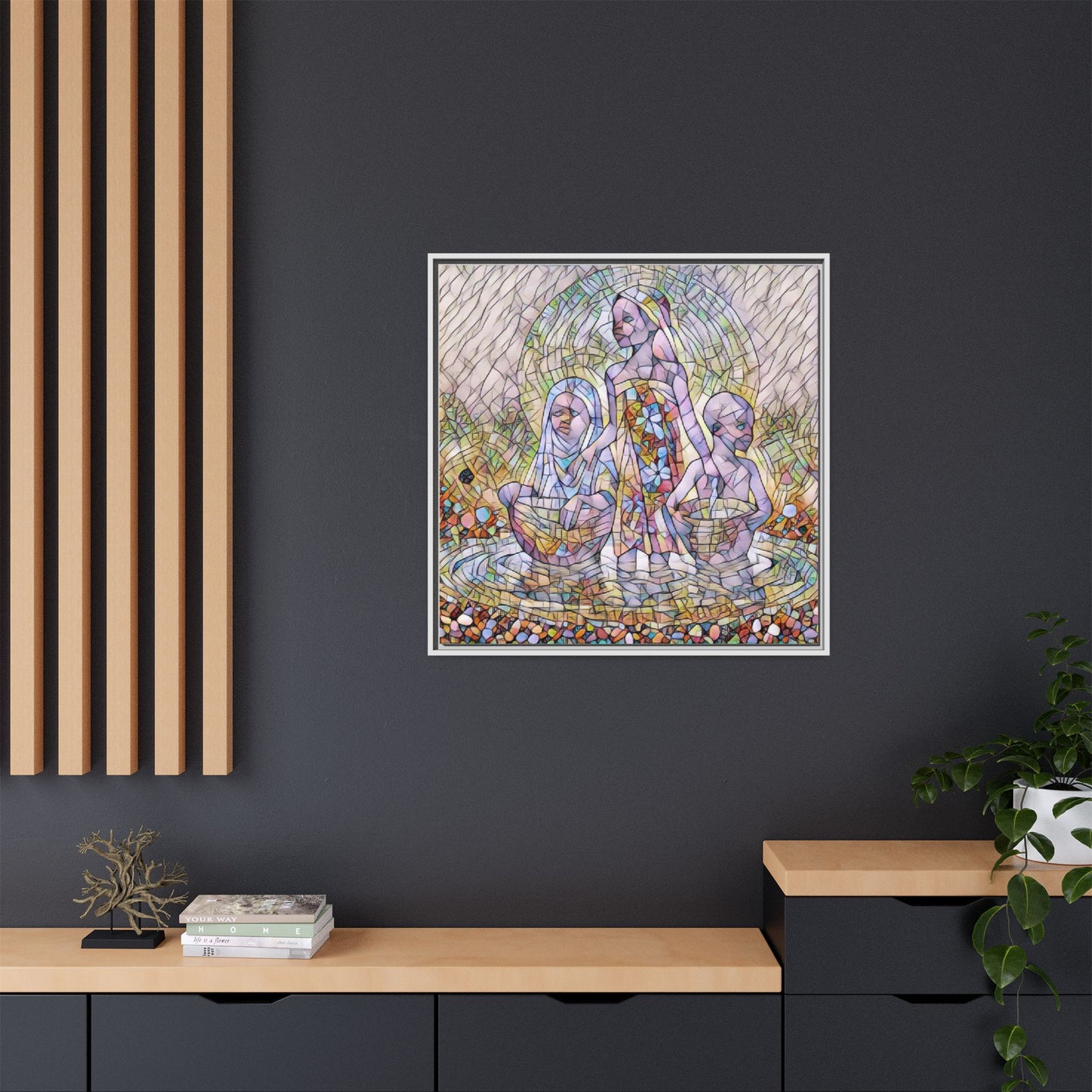 Framed Matte Canvas Art — Stained Glass Trio Women Illustration