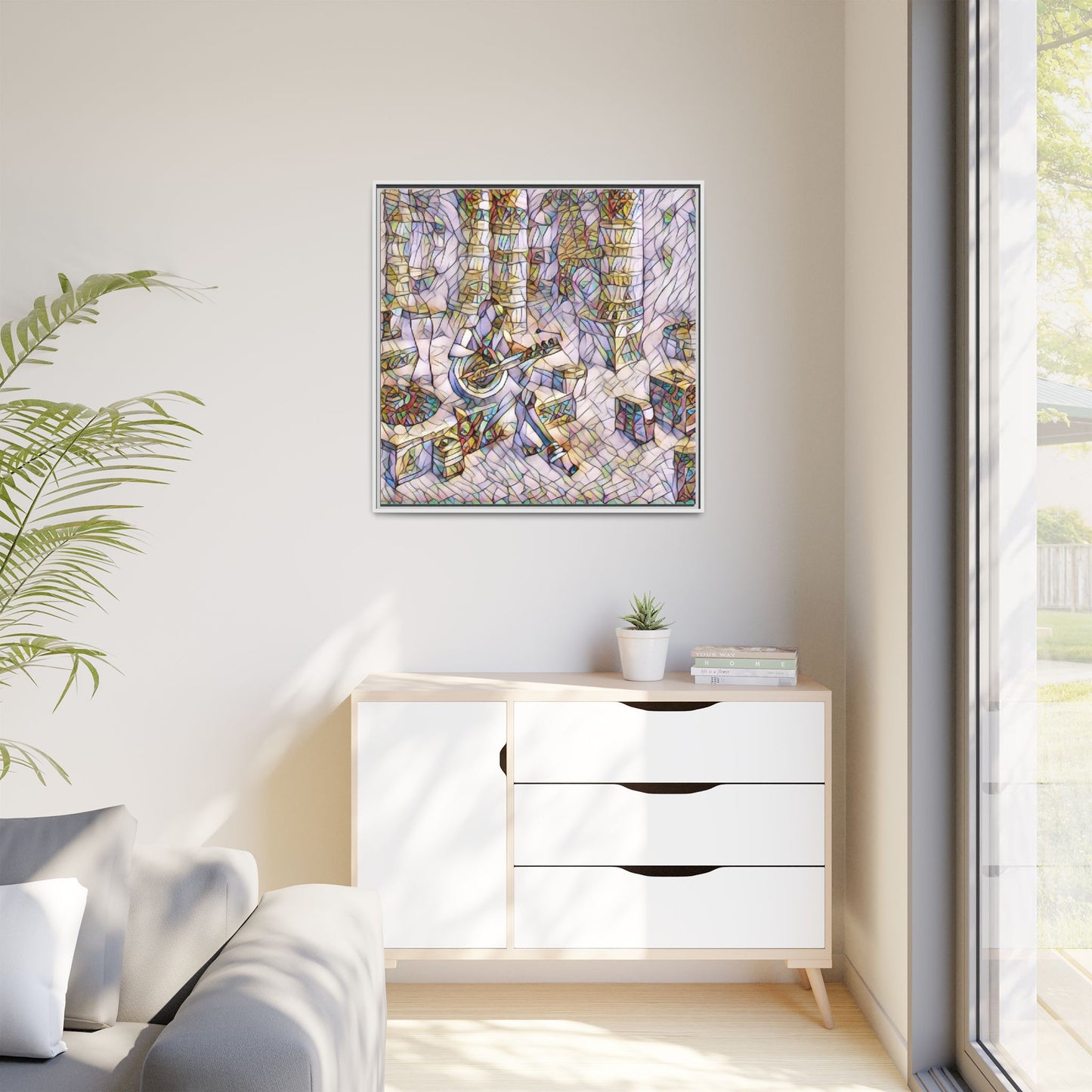 Framed Matte Canvas Art - Abstract Guitarist in Colorful Mosaic