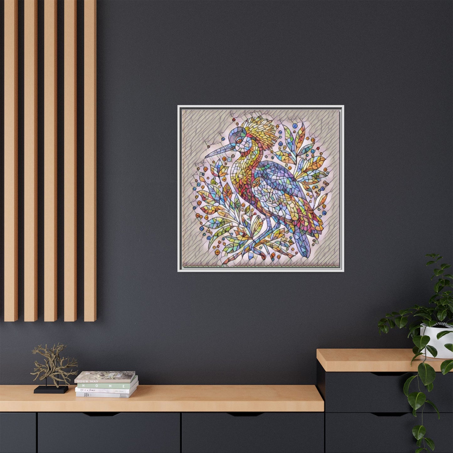 Colorful Stained-Glass Heron — Framed Matte Canvas Wall Art