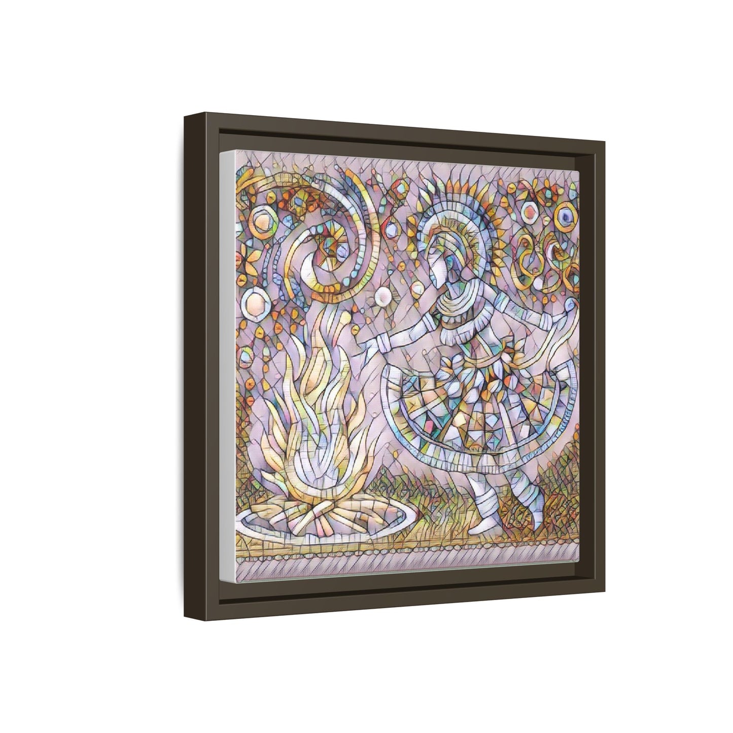 Bohemian Fire Dancer Framed Canvas Art — Colorful Folk Mosaic Wall Decor