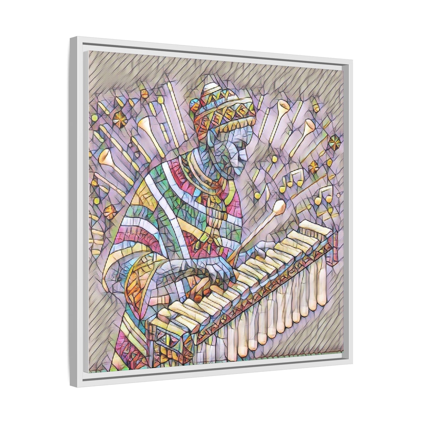 Colorful Marimba Musician Matte Framed Canvas — Vibrant African Instrument Wall Art