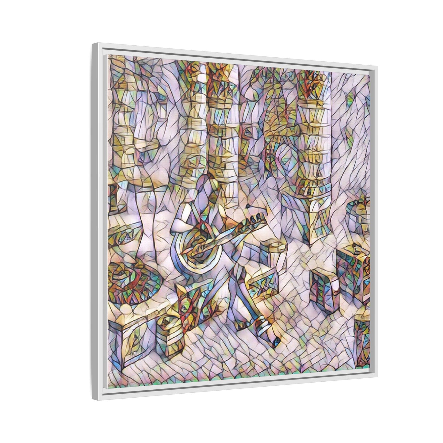 Framed Matte Canvas Art - Abstract Guitarist in Colorful Mosaic