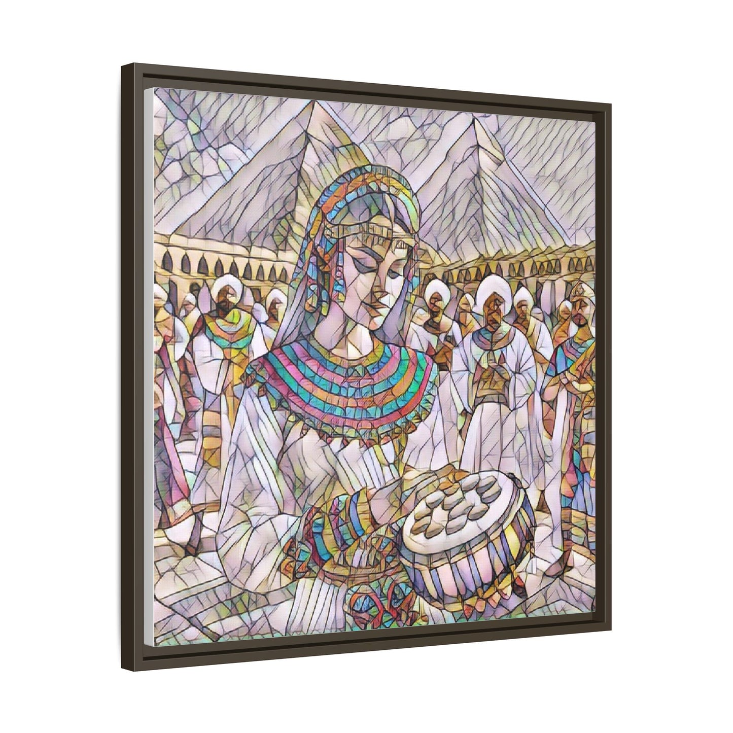 Egyptian Drum Player Framed Canvas Art — Colorful Ancient Scene Wall Decor