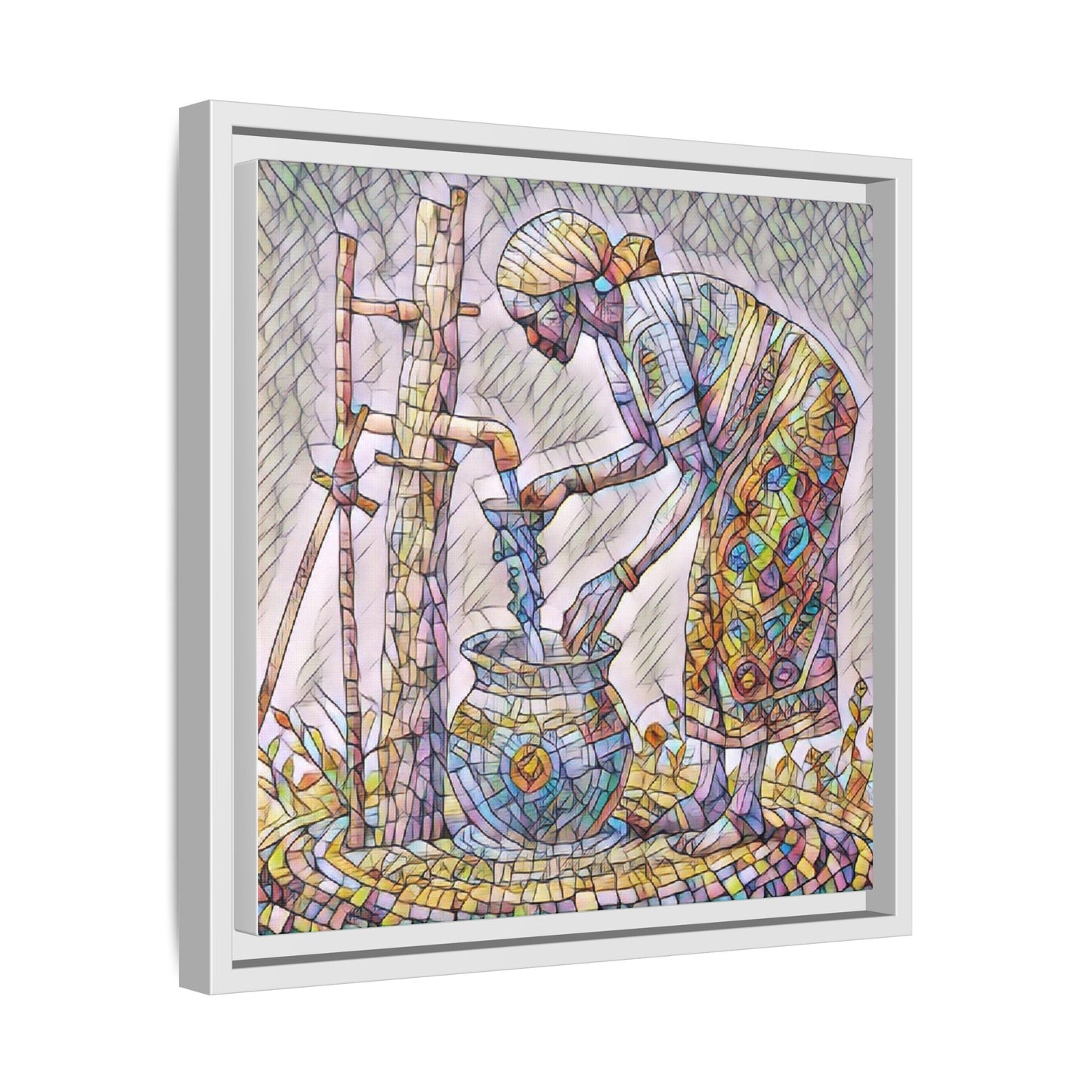 Framed Matte Canvas Art — Colorful Mosaic Woman at Well