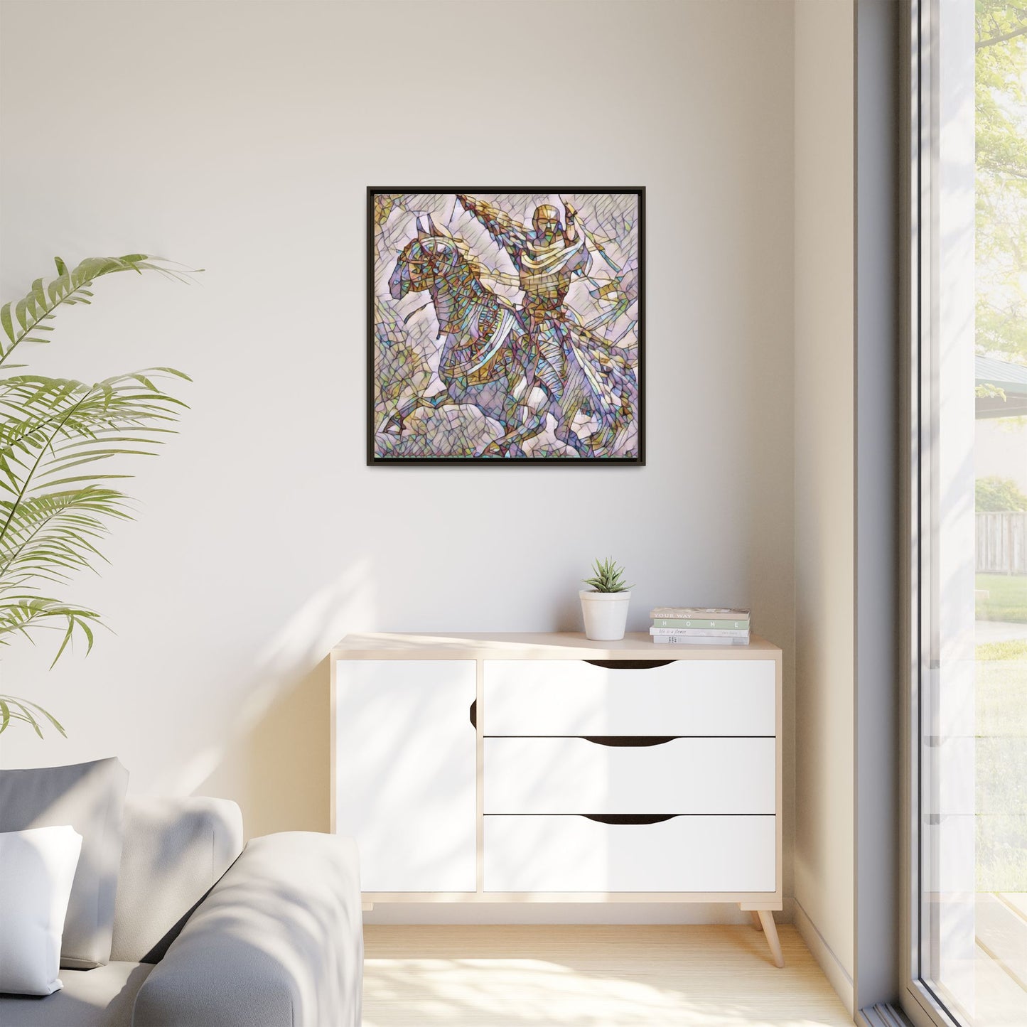 Framed Matte Canvas Print — Stained Glass Knight on Horse Artwork