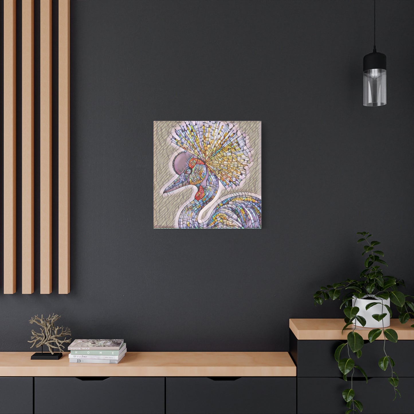 Colorful Mosaic Crowned Crane Canvas Wall Art — Stretched Matte Print