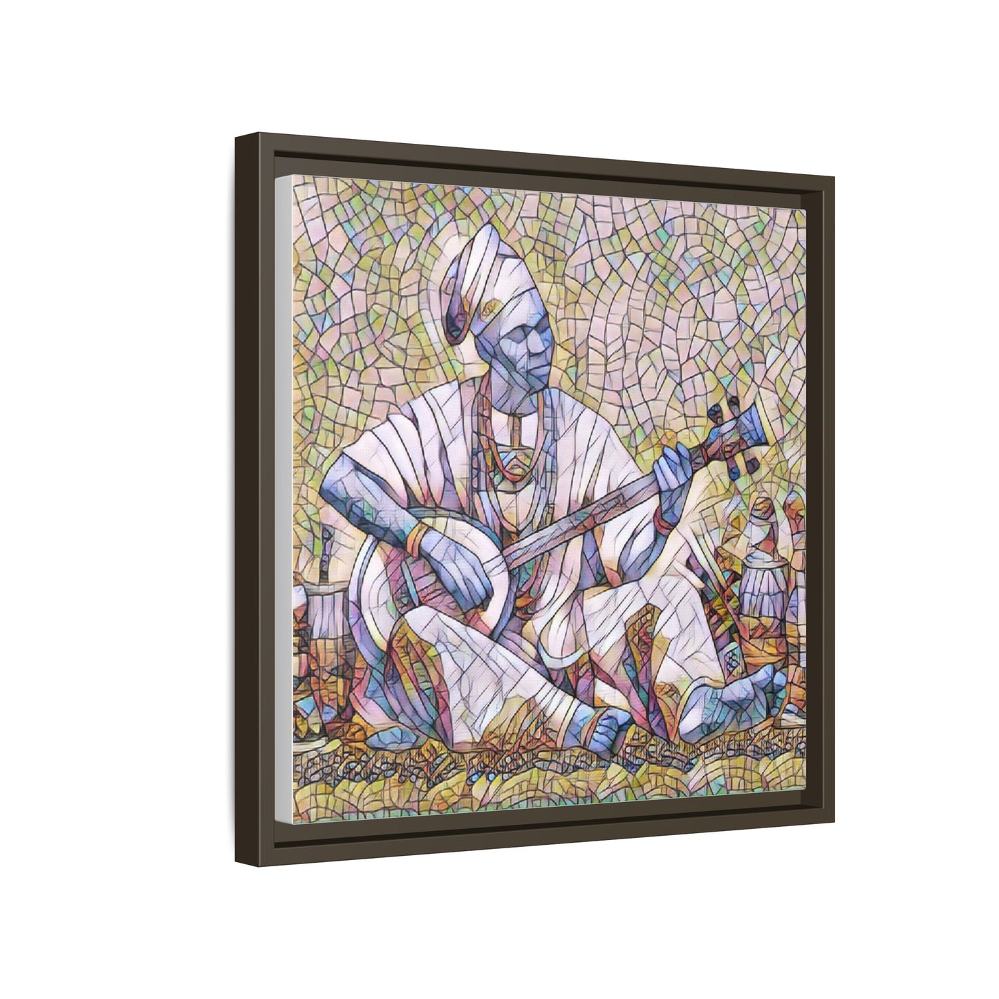 Framed Mosaic Musician Canvas Art — African Griot with Kora