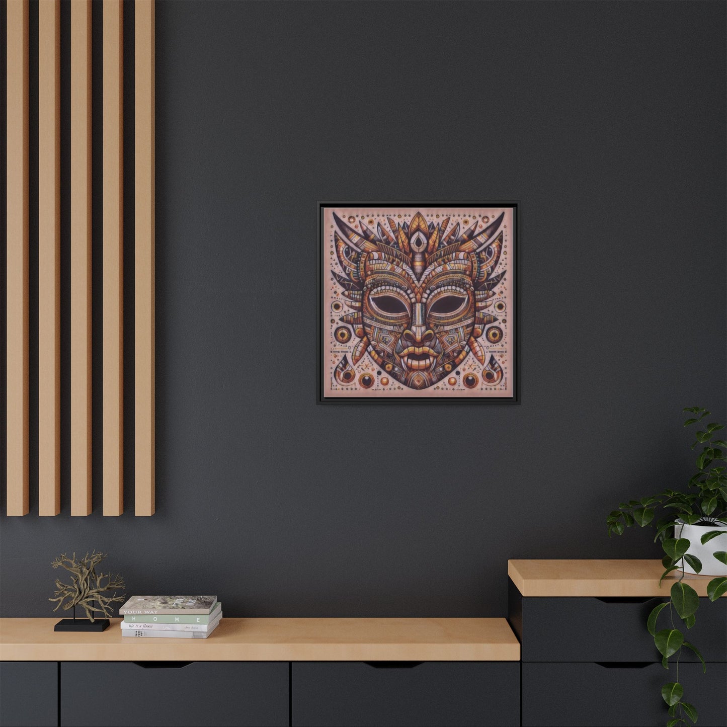 Tribal Mask Framed Canvas Art — Multicolor Matte Wall Decor