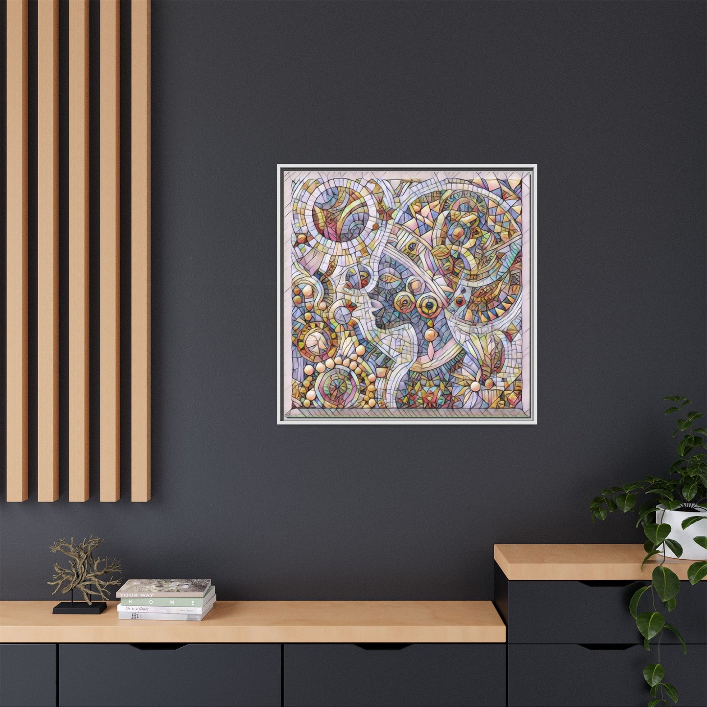Abstract Mosaic Framed Canvas Art — Multicolor Geometric Wall Decor