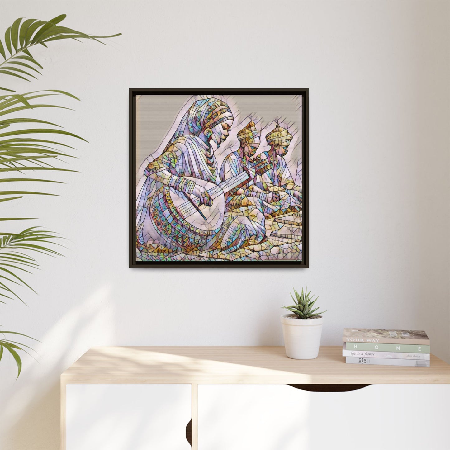 Framed Matte Canvas: Colorful Moroccan Musicians Wall Art