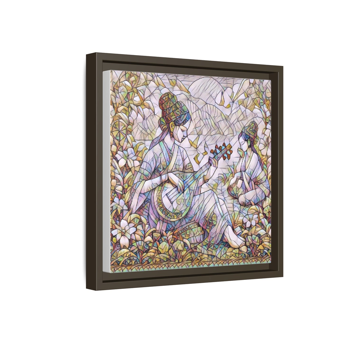 Framed Matte Canvas Art - Vintage Asian Musicians Floral Illustration