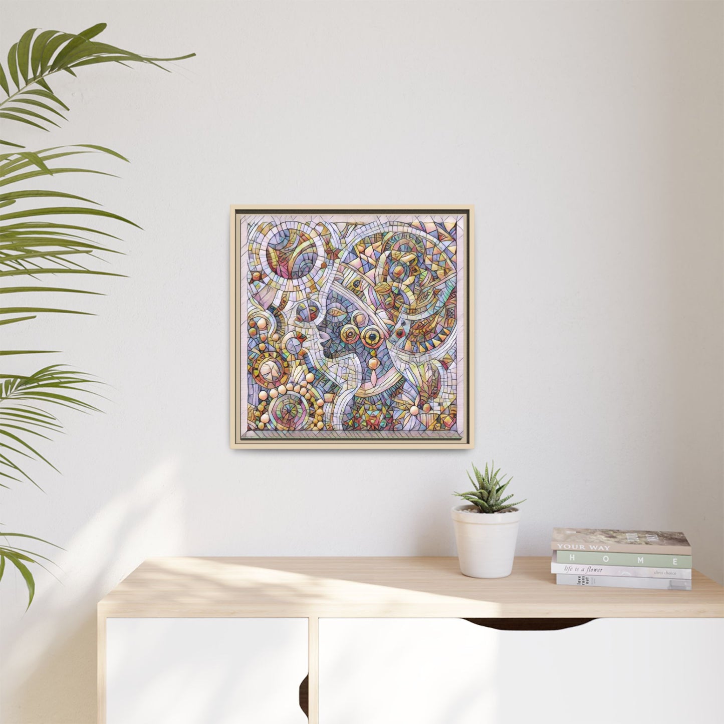 Abstract Mosaic Framed Canvas Art — Multicolor Geometric Wall Decor