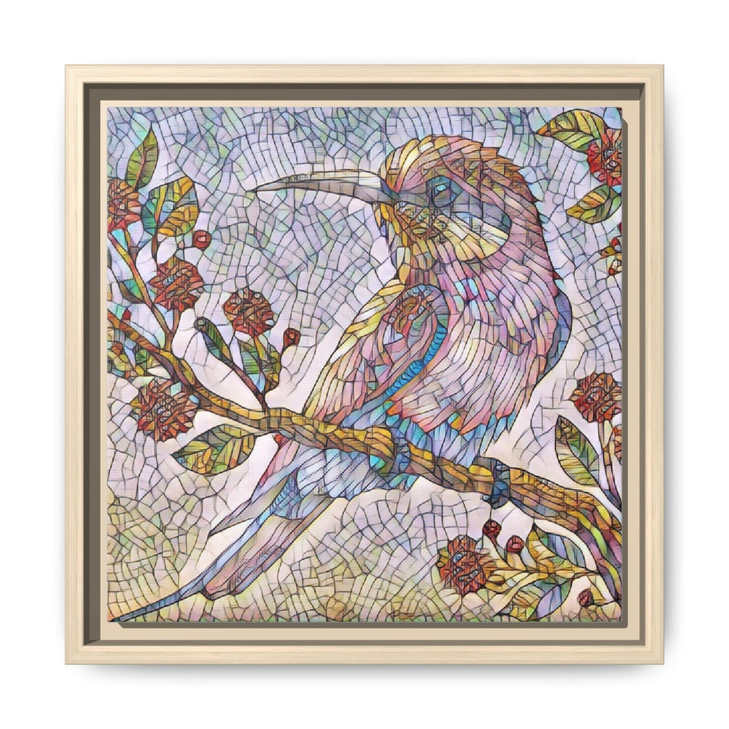 Framed Mosaic Bird Art Print — Colorful Kookaburra Wall Canvas