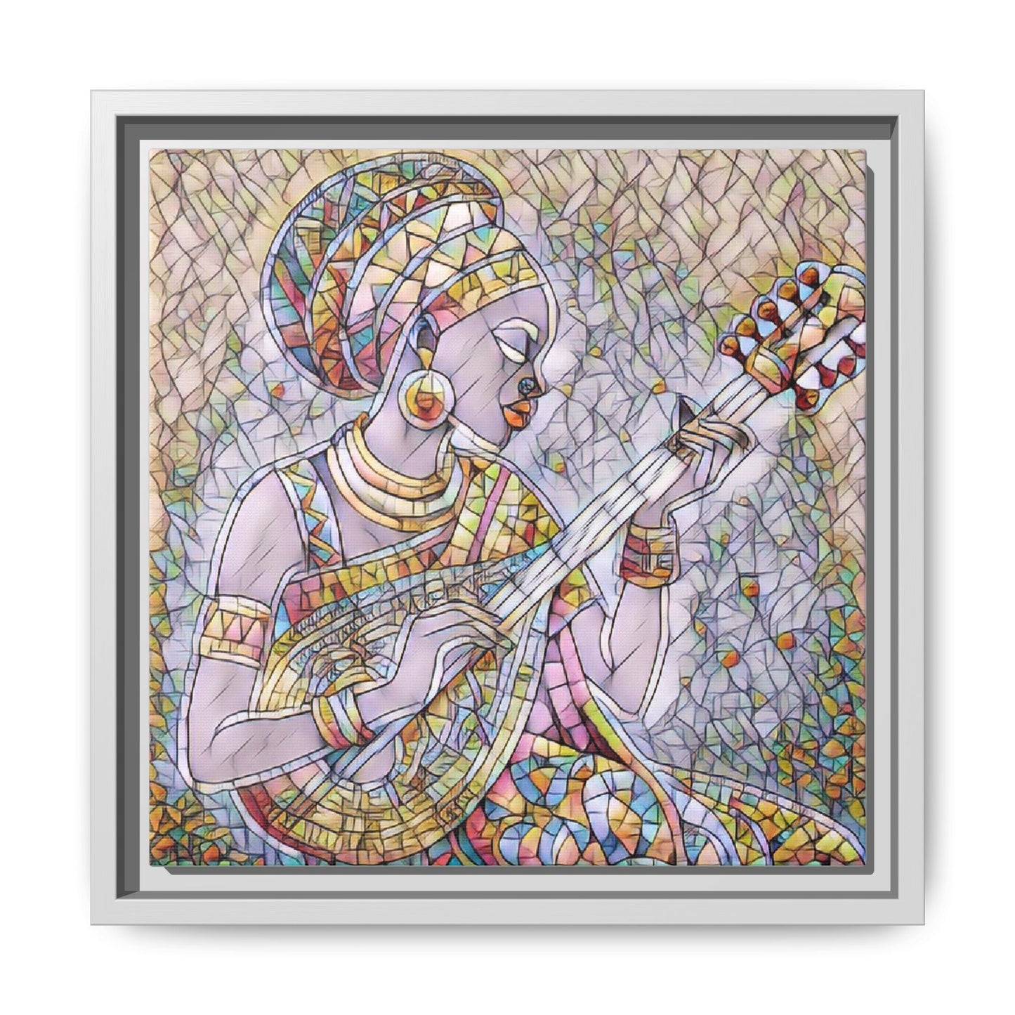 Framed Canvas Art — Colorful African Woman Playing Lute (Matte Multi‑Color)