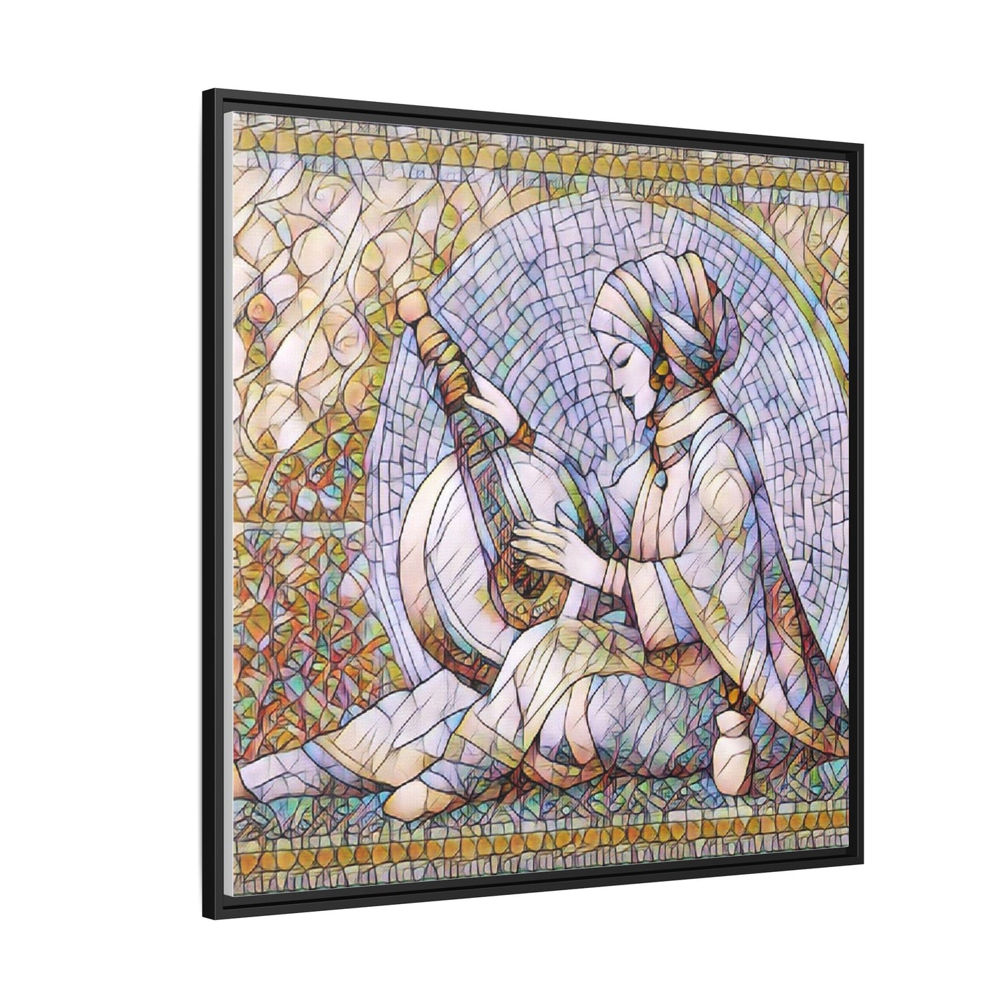 Framed Matte Canvas: Mosaic Lute Player Wall Art — Bohemian Musical Portrait