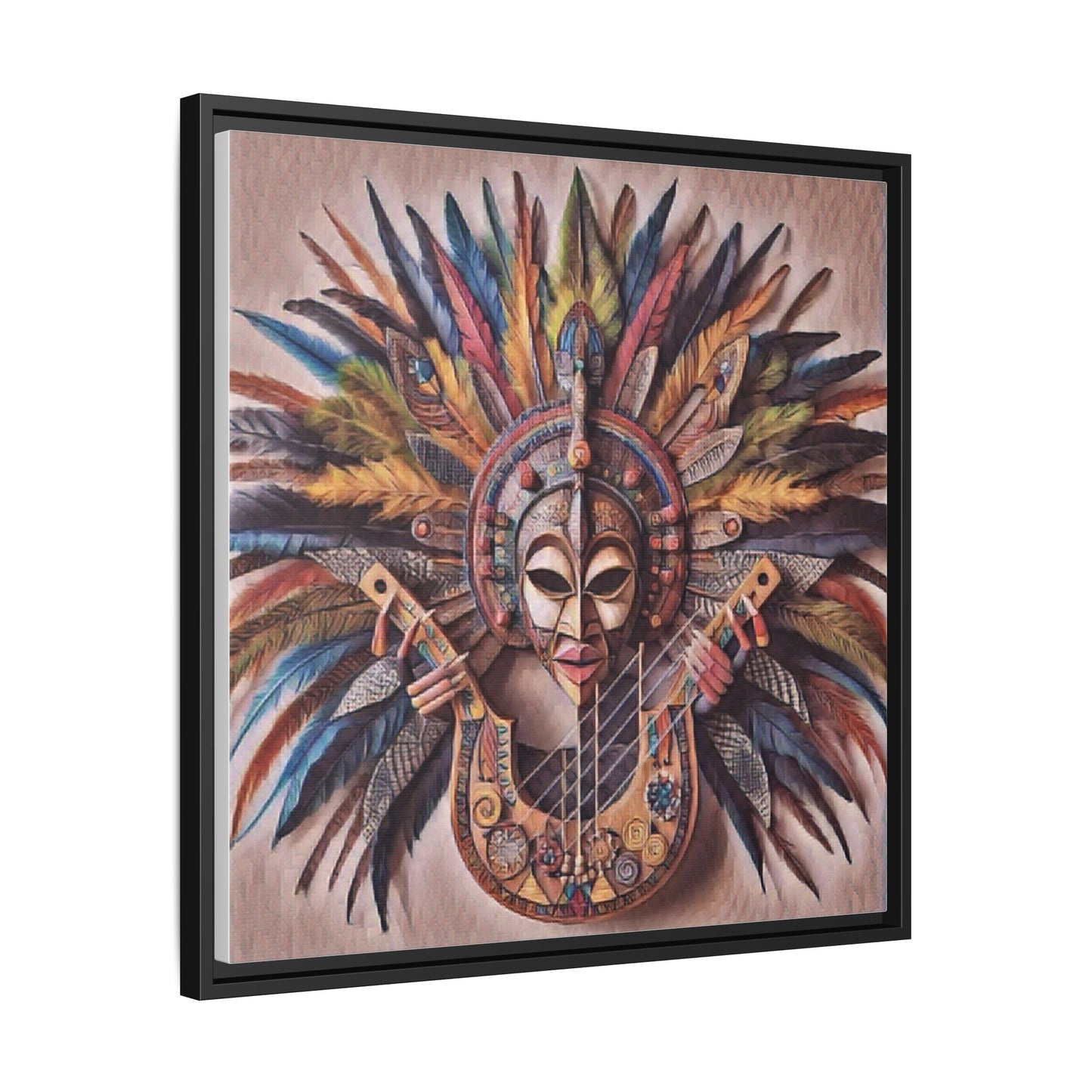 Tribal Feather Mask Guitar Framed Canvas Art — Colorful Boho Wall Decor