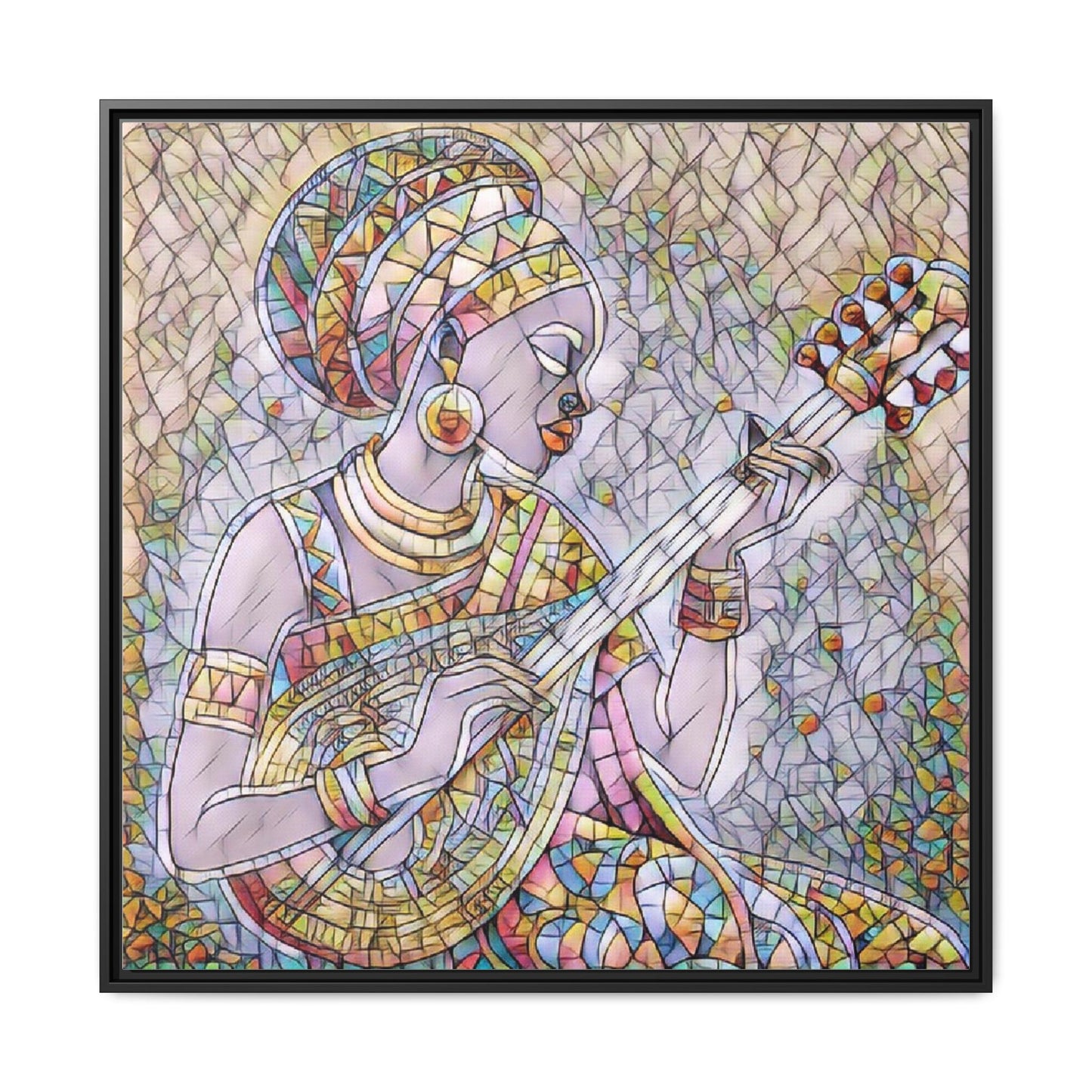 Framed Canvas Art — Colorful African Woman Playing Lute (Matte Multi‑Color)