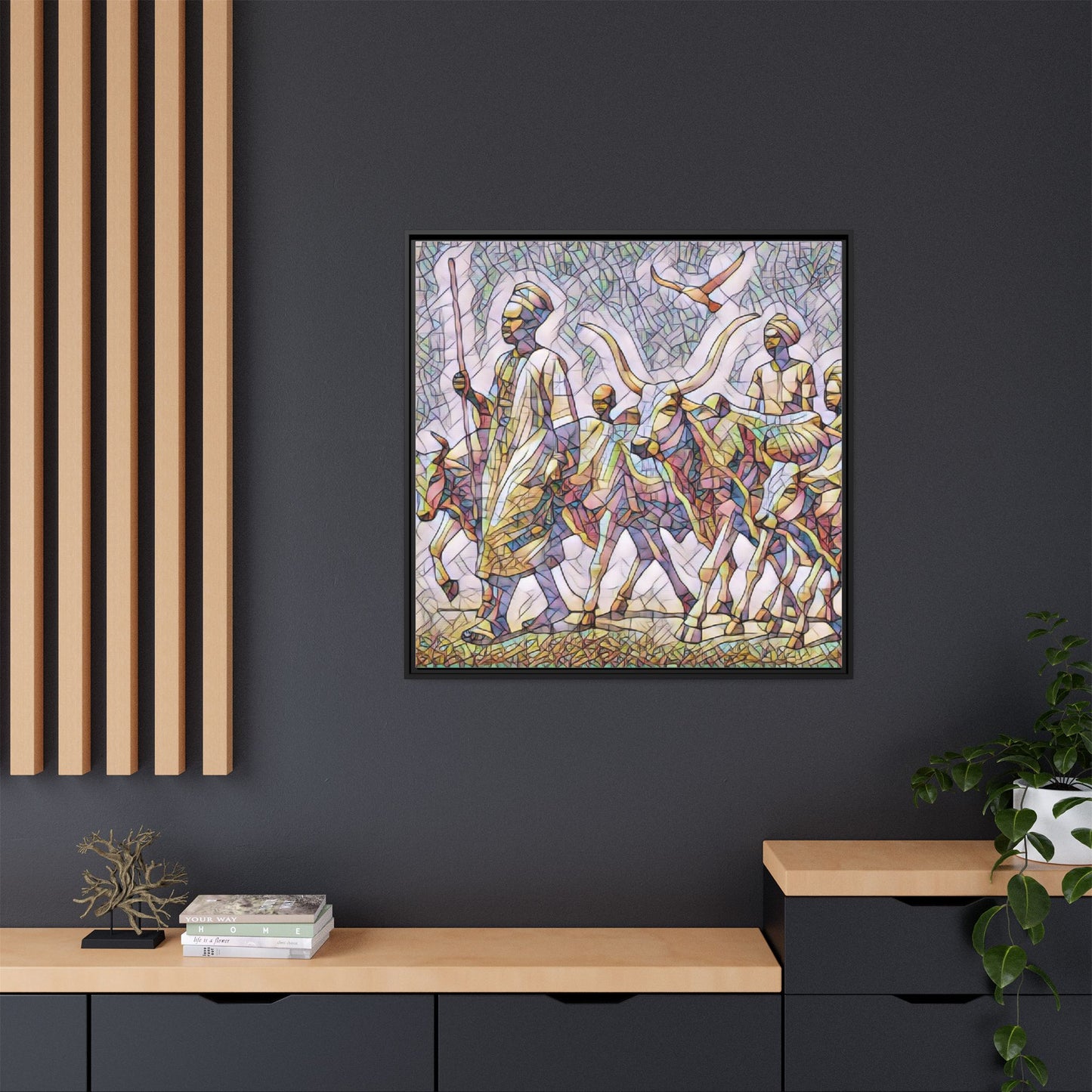 Framed Matte Canvas: Colorful African Herdsmen Art Print