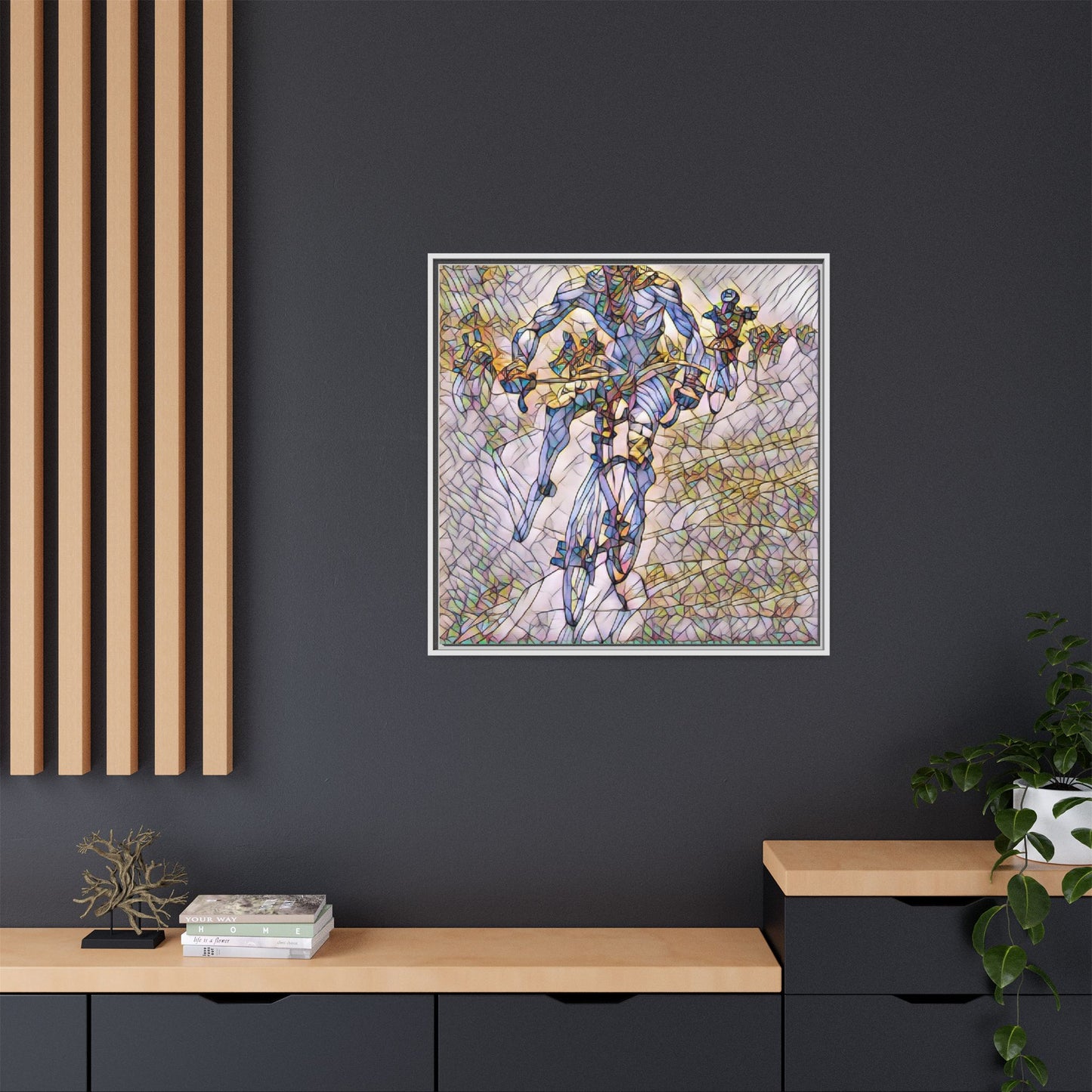 Abstract Cyclist Matte Canvas Framed Art — Colorful Stained-Glass Bike Print