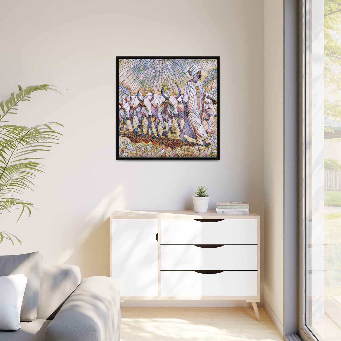 Framed Matte Canvas Art — African Herdsman Mosaic Print
