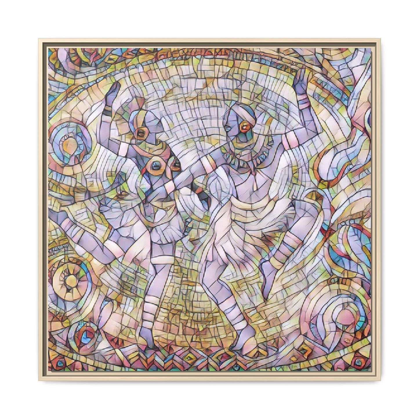 Abstract Dancers Matte Framed Canvas Wall Art — Multi‑Color Stained Glass Style