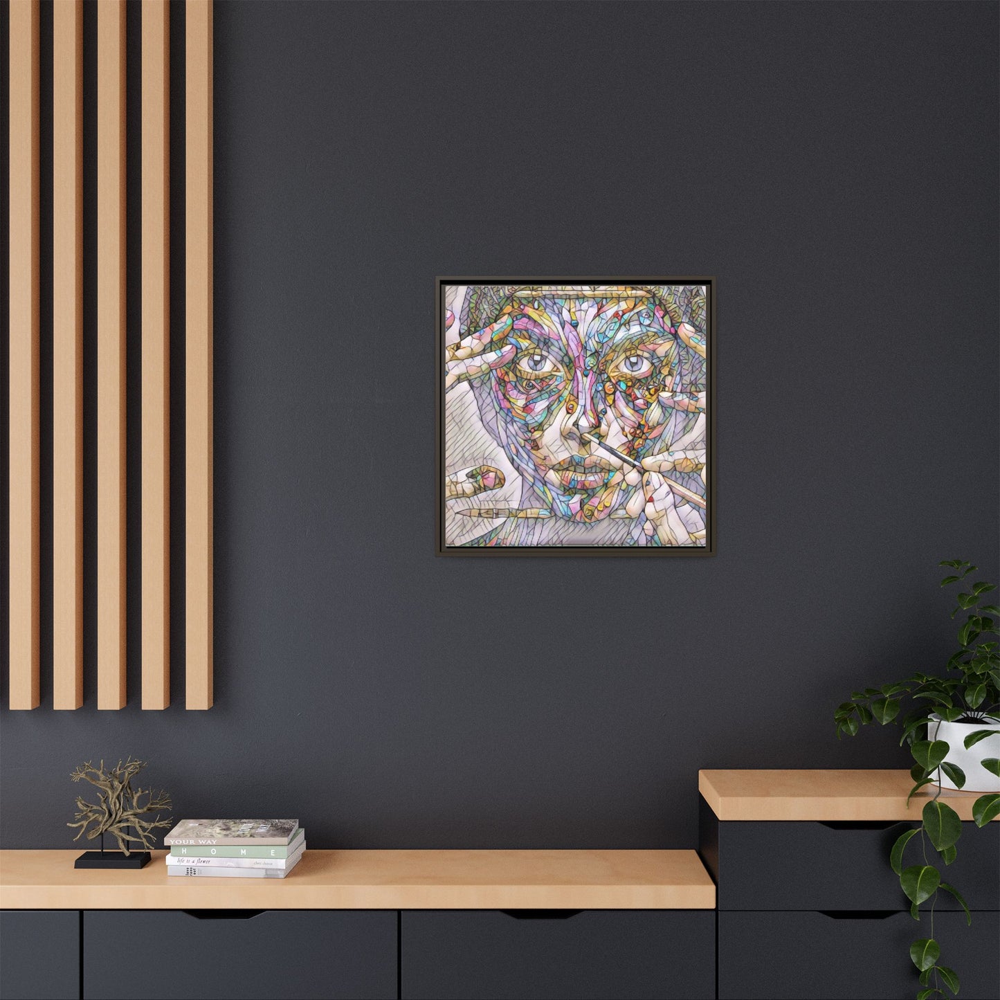 Framed Abstract Mosaic Face Canvas — Colorful Modern Wall Art
