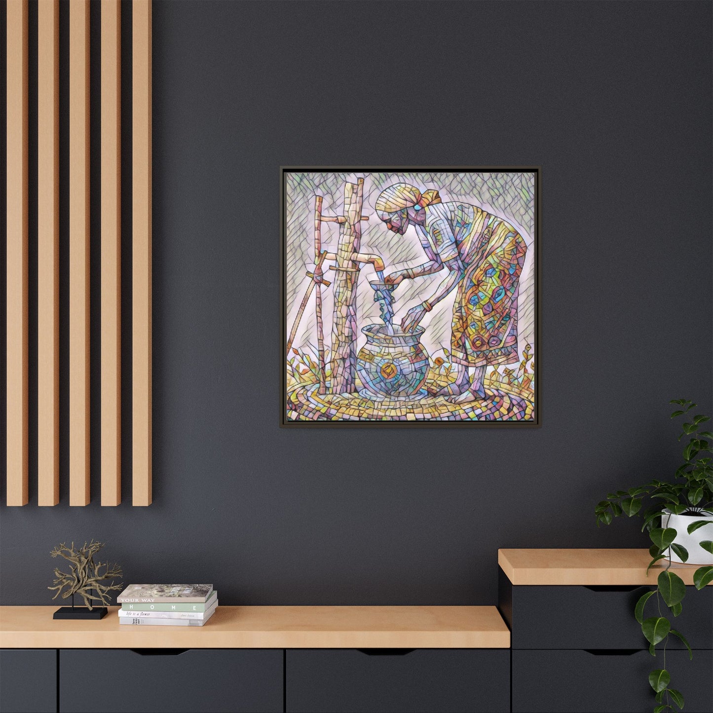 Framed Matte Canvas Art — Colorful Mosaic Woman at Well
