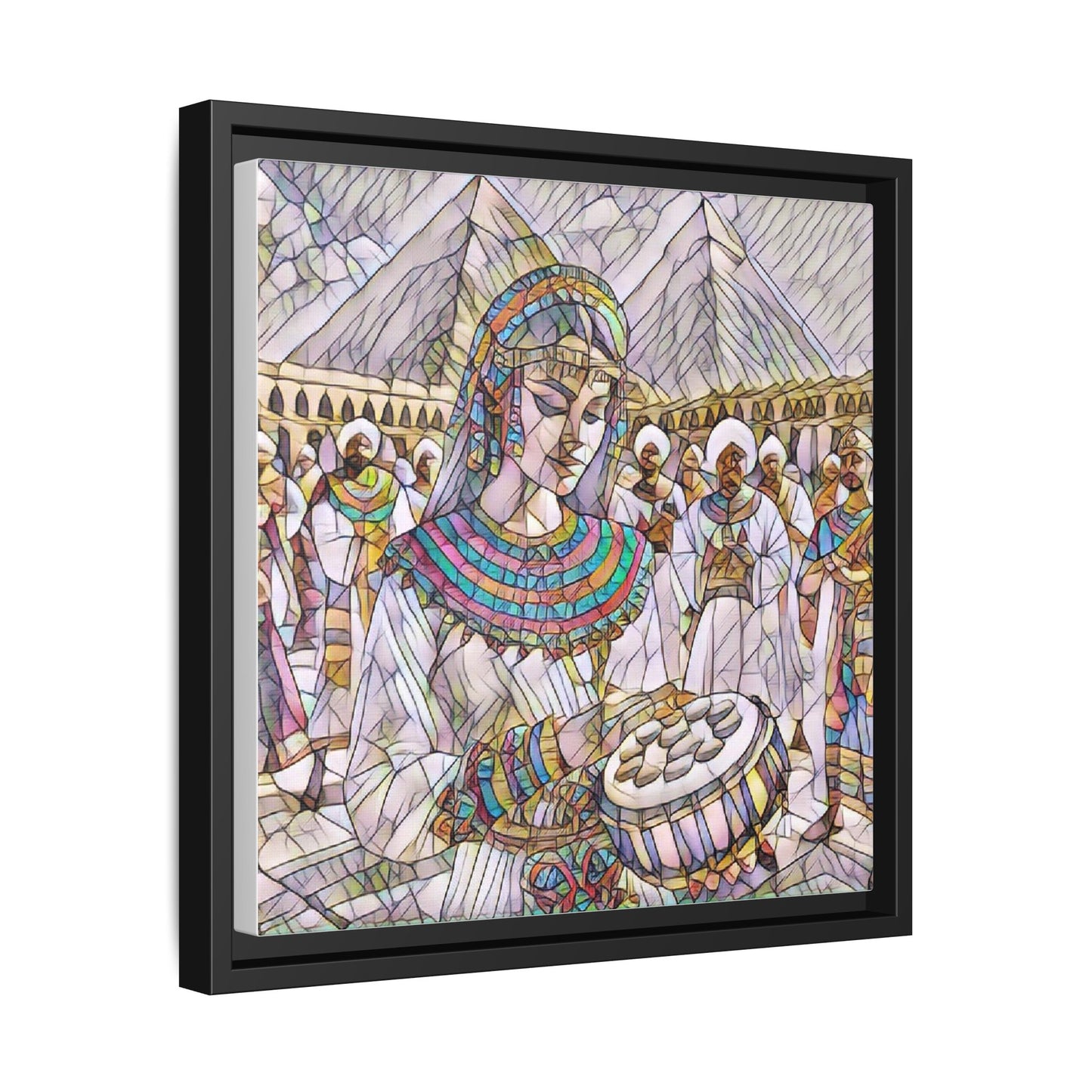 Egyptian Drum Player Framed Canvas Art — Colorful Ancient Scene Wall Decor