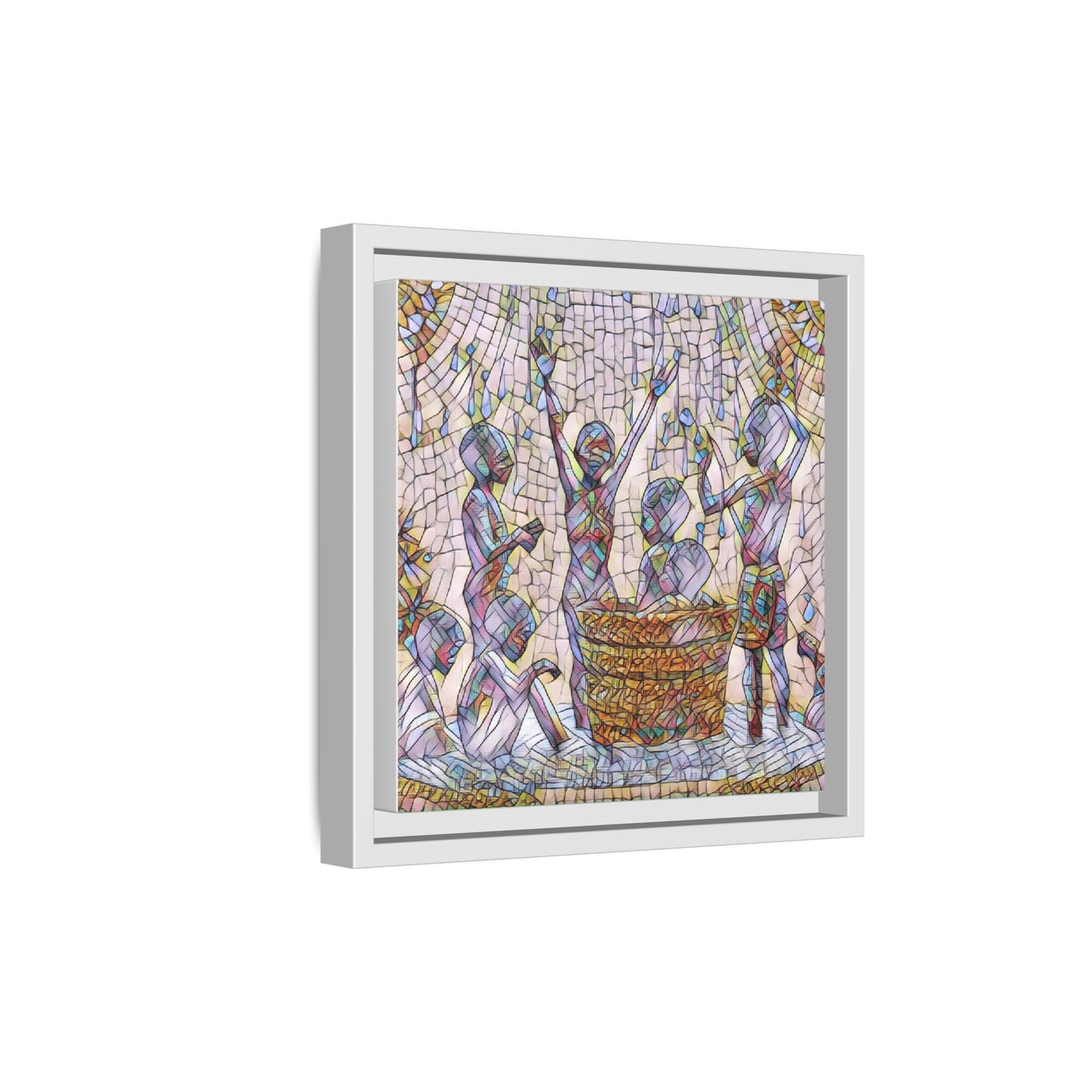 Framed Matte Canvas Art — Children Playing Mosaic Illustration